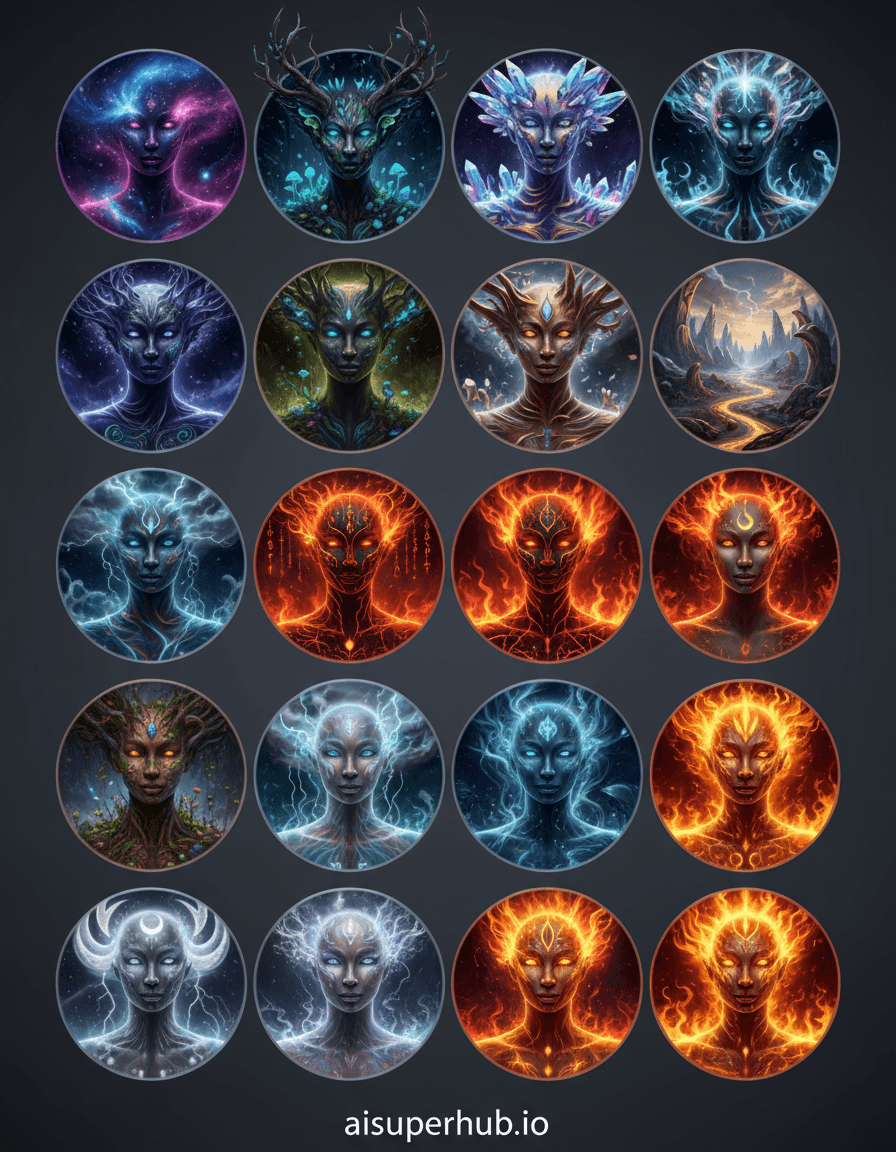 Create a hyper-realistic digital art series depicting profound fantastical metamorphoses for the collage of 12 photos of same Man or same woman each with a different mythical or elemental transformation. Each individual circular portrait within the collage will feature the same person's face, but with wildly divergent fantastical elements seamlessly integrated into their features, hair, and immediate surroundings, showcasing a spectrum of magical evolution within one soul. The central focus is the breathtaking transformation from human to otherworldly entity. Details to include: One portrait depicting the subject as a celestial nebula human, another as a radiant forest spirit with bioluminescent flora woven into their hair, a third as an entity composed of shattered crystalline facets, one embodying swirling liquid metal, and another merging with ancient glowing runes. Each of the 12 individual circular frames is set against a subtly distinct, soft-focus background that perfectly complements the transformation within it, ranging from deep space nebulae to lush magical forests, molten volcanic landscapes, shimmering underwater realms, and the interiors of ancient, crumbling ruins. The overall collage itself is presented on a minimalist, dark slate grey backdrop, allowing the vibrant individual images to pop with maximum visual impact. Dramatic chiaroscuro lighting bathes each portrait, featuring ethereal glows and soft volumetric rays that meticulously highlight the fantastical elements of each transformation. The emotional intent is one of profound awe, compelling mystery, and the wonder of boundless metamorphosis. A vibrant and diverse color palette is utilized, ranging from cosmic purples and deep blues to earthy greens and bioluminescent yellows, fiery oranges, metallic silvers, and crystalline iridescents, all unified by a rich, saturated tone. The mood is enigmatic and awe-inspiring, a journey through the boundless potential of transformation. Style: Hyperrealism, ethereal fantasy art, photorealistic rendering, intricate detail, cinematic quality, high resolution, digital painting. Include an overlay text at the bottom of the entire collage: 'aisuperhub.io'.