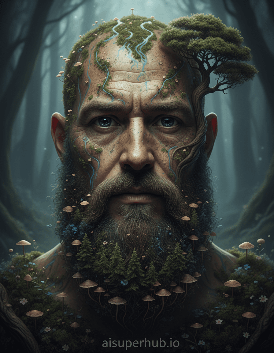 Create a hyper-realistic photorealistic portrait depicting a man whose face is an intricate, living landscape for the Creative portraits men. A close-up portrait of a stoic man, his expression calm and wise. His facial features are not merely painted but organically transformed, each element a miniature, vibrant ecosystem. The scene invites viewers to lean in, discovering hidden depths within his visage. Details to include: A meticulously sculpted beard resembling a dense, old-growth forest with tiny, glowing fungi; eyes that are shimmering, obsidian-like pools reflecting distant starlight; skin texture that mimics weathered granite interspersed with delicate, blooming wildflowers; subtle streams of water tracing the lines of his forehead; a single, majestic, miniature ancient tree growing from his temple; at the bottom of the image, subtly integrated into the organic textures as if etched into the ancient stone, the text 'aisuperhub.io' is visible. The background is a soft, deep-focus blur of an ethereal, twilight forest, complementing the organic nature of the subject. It hints at an infinite, mystical world beyond the man's immediate form, suggesting he is an integral part of this grander nature, rather than separate from it. Dramatic, low-key cinematic lighting casts long, soft shadows, emphasizing the textural complexity and depth of his facial landscape. A gentle, ethereal glow emanates from within the forest elements on his face, evoking a sense of ancient magic and quiet wonder. Earthy greens, deep mossy browns, subtle purples and blues for water and sky elements, with touches of luminous gold from fungi and starlight, creating a rich, harmonious, and mystical palette. A profound sense of awe, mystery, and tranquil wisdom permeates the artwork. Hyperrealism, mystical realism, fantasy art, cinematic portraiture, organic textures, high detail, volumetric lighting, photobashing.