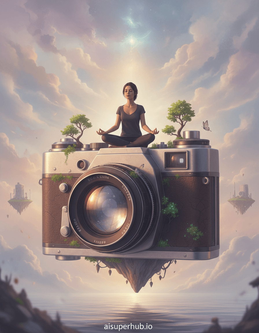 Create a hyper-realistic photorealistic portrait depicting a young woman meditating on a floating island crafted entirely from a colossal, intricately detailed vintage camera for the Lifestyle portraits. The woman, in a serene pose, sits cross-legged on the lens of the gigantic camera, which forms a smooth, reflective surface. Her silhouette is framed against a distant, misty horizon. Her hands rest gently on her knees, thumbs and forefingers touching, embodying calm. Details to include: Tiny, bioluminescent moss growing in the crevices of the camera body, mimicking miniature trees. A single, delicate butterfly landing on the camera's focus ring, scaled appropriately to the giant object. The camera's leatherette texture showing signs of weathered beauty, like ancient rock formations. An open aperture mechanism on the camera's 'body' creating a shimmering, ethereal portal. The colossal camera-island floats gracefully in a soft, atmospheric void, surrounded by swirling, nebulae-like clouds of pastel hues. Below, a suggestion of a reflective, tranquil water surface can be faintly discerned, mirroring the soft glow from above. Distant, abstract shapes hint at other floating "object-islands," creating a sense of a whimsical, unknown world. Soft, diffused golden hour lighting, emanating from an unseen celestial source, casts long, gentle shadows, imbuing the scene with a sense of peace and spiritual tranquility. The light glints off the metallic accents of the camera, highlighting its intricate mechanisms as natural landscape features. Predominantly soft pastels – lavenders, pale blues, dusty roses, with warm amber and bronze tones for the camera and a touch of emerald green for the moss. Utterly serene, dreamlike, and profoundly contemplative. Photorealistic digital art, magical realism, surreal photography, intricate detailing, cinematic, ethereal, dreamscape, wide-angle lens, bokeh, overlay text at the bottom 'aisuperhub.io'.