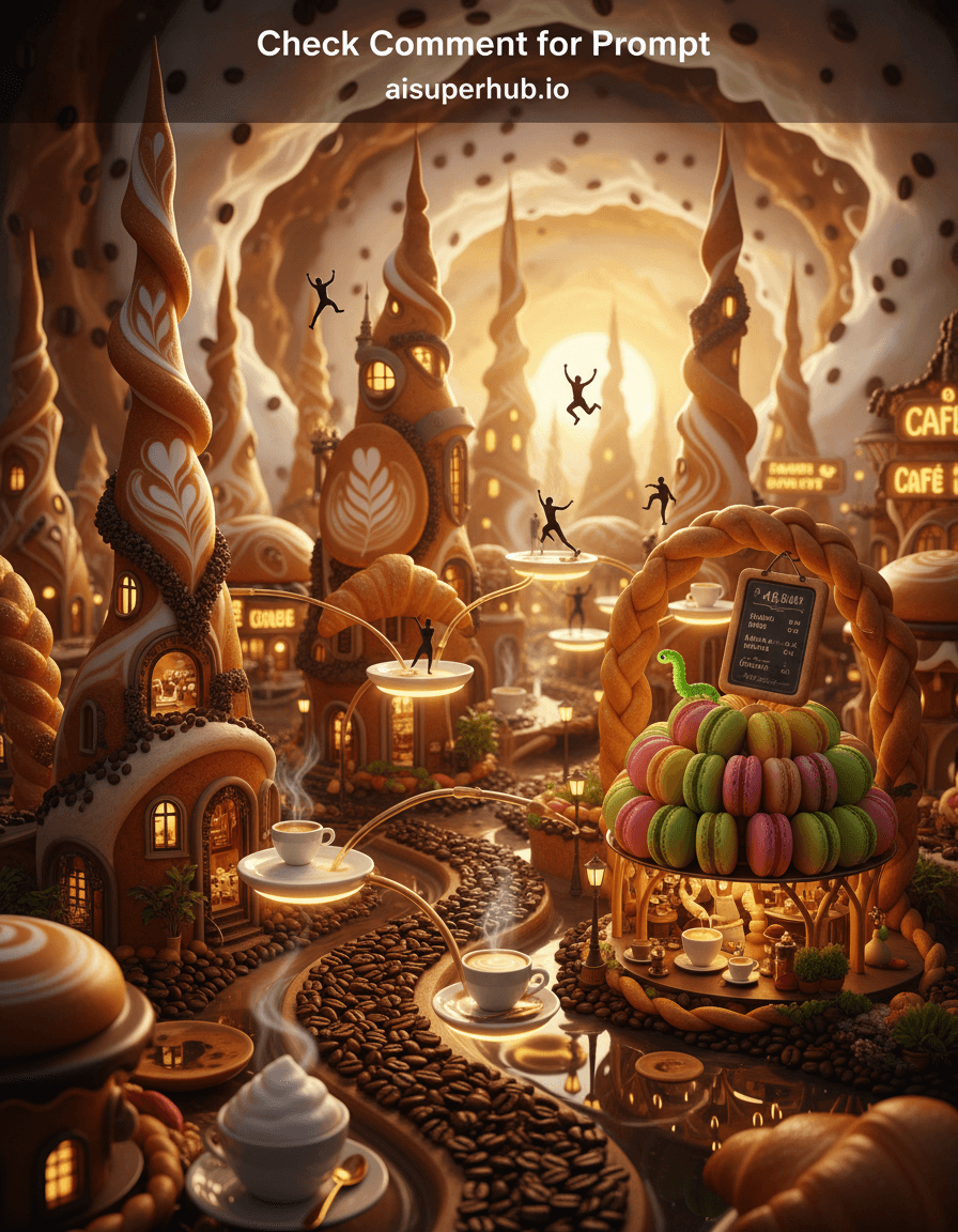 Create a hyper-realistic cinematic photograph depicting an impossible, miniature world of interconnected cafes for the Cafe hopping concept. A bustling micro-city built from latte art structures, croissant buildings, and streets paved with coffee beans. Tiny figures 'hop' between cafes via saucer platforms and spoon bridges, embodying a vibrant, dynamic cafe culture. Details to include: Steam wisps from espresso-cup lamps; sugar cookie menu lit by glow worm; brioche archway to macaron cafe; reflective espresso puddles; microscopic barista pouring latte art. The background blurs with distant, glowing cafe signs and a golden setting sun, hinting at a vast culinary world. The 'sky' swirls with milk foam and caramel hues, dotted with 'coffee bean' stars. Soft, golden hour light from cafes creates cozy intimacy. Backlighting silhouettes figures, diffused light illuminates textures, evoking comfort and wonder. Rich coffee browns, creamy whites, golden caramels, deep chocolate hues, with pops of strawberry pinks, pistachio greens, and lemon yellows, crafting an inviting, edible aesthetic. A whimsical, enchanting, and deliciously inviting atmosphere of culinary exploration. Hyper-realistic macro photography, fantasy architecture, detailed digital painting, trompe l'oeil, edible art, surrealist dreamscape, highly detailed, octane render, volumetric lighting, cinematic. Add an overlay text at the top of the image 'Check Comment for Prompt' and at the bottom add credits 'aisuperhub.io'.