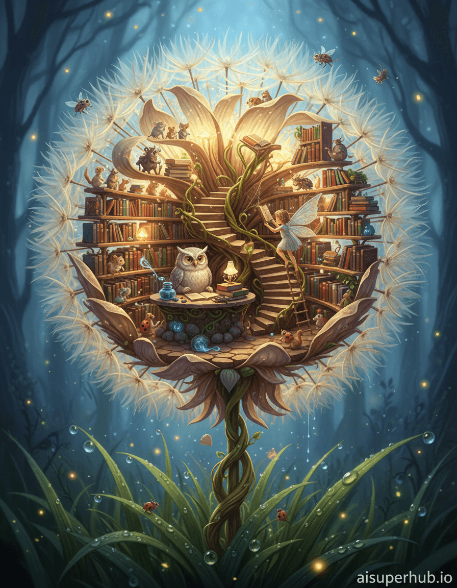 Create a hyper-realistic digital painting depicting a bustling, multi-story magical library meticulously constructed within the delicate fronds of a colossal dandelion puff for the 3D chibi-style miniature design of a whimsical dandelion puff. Tiny, anthropomorphic creatures, no larger than a ladybug, diligently browse miniature scrolls and glowing tomes on shelves crafted from dried flower petals. A minuscule, elderly owl librarian with spectacles observes from a pebble desk, while a young fairy child attempts to reach a book on a higher shelf using a ladder woven from spider silk. Details to include: A spiral staircase from a twisted vine, shimmering dust motes, shelves overflowing with books the size of rice grains, glowing bioluminescent fungi as reading lamps, and an enchanted inkwell dripping perpetually. The immense dandelion puff drifts gently through a twilight forest, suspended by an unseen, magical breeze. Below, giant blades of grass glisten with dewdrops the size of marbles, reflecting the library's soft glow. Distant, ethereal fireflies dot the dark canopy, hinting at a vast, ancient world beyond this tiny sanctuary. Soft, warm, and ethereal bioluminescent light emanates from within the dandelion library, casting gentle shadows and creating a magical, inviting glow. This light evokes wonder, peace, and discovery. A harmonious palette of warm golden yellows, soft whites, verdant greens, deep indigo twilight blues, and pops of pastel purples and pinks. Mood/atmosphere in one sentence: An enchanting, peaceful, and awe-inspiring sense of miniature magic and boundless imagination. Style summary with artistic descriptors: Whimsical fantasy art, dreamlike realism, intricate detail, magical realism, ultra-high definition, photorealistic render, 8K, highly detailed, octane render, trending on artstation. Add overlay text 'aisuperhub.io' at the bottom.