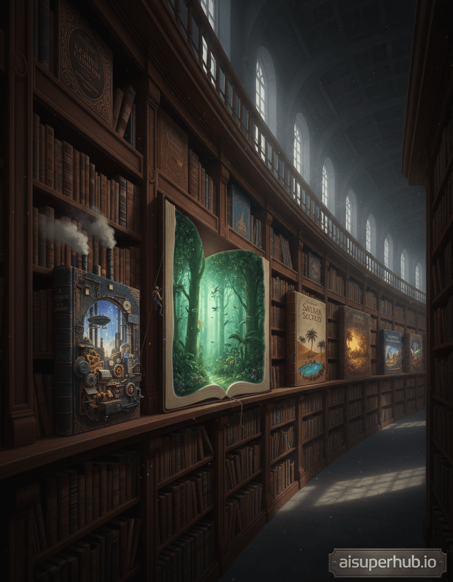 Create a hyper-realistic panoramic photograph depicting a 'Library of Worlds' for the Candid portraits. This impossible image captures a magnificent, towering bookshelf, reaching into an unseen ceiling. Each book on its shelves is not merely paper and ink, but an entire, vibrant miniature world, bustling with tiny, unaware inhabitants living out their lives within the spine-bound boundaries. The central focus is a particular open book, revealing a fantastical landscape. Details to include: A tiny, intricate steampunk city built on the spine of a history book, an ethereal glowing forest within a fantasy novel's pages, a miniature desert oasis carved into a travel guide, a microscopic figure rappelling down the frayed edge of a worn tome, and the subtle glint of ancient gold leaf on the binding of a forgotten myth anthology. The vast library surrounding this bookshelf is dimly lit, stretching into an infinite distance, filled with countless other colossal shelves, suggesting an endless archive of these living book-worlds. Dust motes dance in the light shafts, highlighting the sheer scale and age of this impossible place. Some books on higher shelves are partially obscured by shadow, inviting wonder about their hidden contents. The scene is illuminated by soft, ethereal light filtering from unseen windows high above, casting dramatic, long shadows across the lower shelves. Pockets of warm, golden light emanate from within certain open book-worlds, creating an inviting, mysterious glow that evokes a sense of awe and quiet discovery. A rich, deep academic palette of mahogany browns, forest greens, muted blues, and aged golds, punctuated by vibrant miniature worlds in jewel tones and earthy natural hues. A mood of profound wonder, quiet exploration, and infinite possibility pervades this breathtaking panorama. Hyper-detailed macro photography, magical realism, cinematic wide-angle, intricate miniature sculpting, fantastical architecture, volumetric lighting, epic scale, dreamlike realism. overlay text: aisuperhub.io