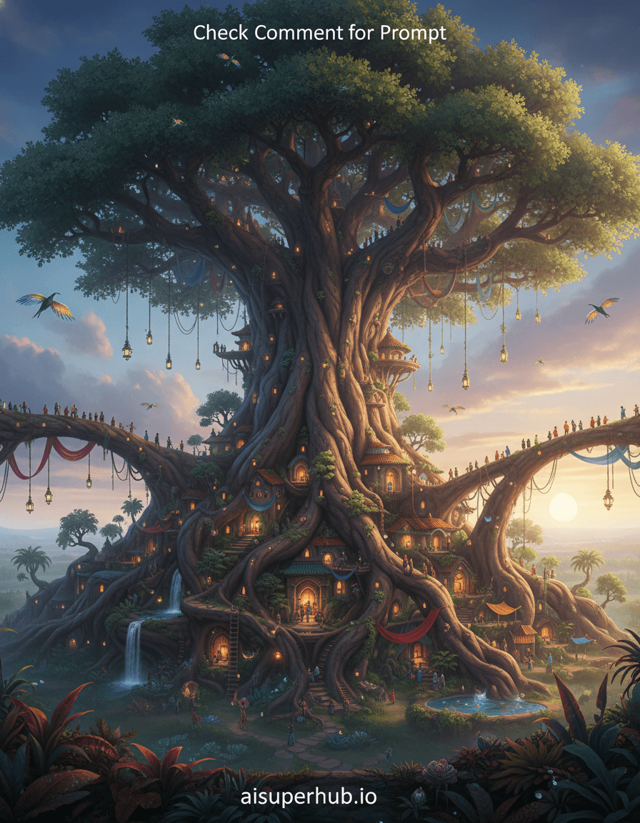 Create a hyper-realistic digital painting depicting a colossal, ancient Banyan tree whose massive, gnarled roots intricately weave together to form a bustling, vibrant city for the Outfit photoshoot. The central focus is the majestic tree, its main trunk impossibly wide, soaring into the clouds. Instead of ground-level roots, its aerial roots and main taproots have grown into multi-story structures, forming alleyways, bridges, and homes. Tiny, diverse figures are seen navigating this organic architecture, some climbing root-ladders, others crossing root-bridges, showcasing a thriving, interconnected community living entirely within and upon the tree's living structure. Details to include: Intricate root-carved doorways and windows with glowing interiors. Small, glowing lanterns hanging from smaller roots, illuminating pathways. Waterfalls cascading down some of the larger roots, forming small, clear pools at their bases. Colorful fabrics and banners draped between roots, acting as awnings and decorations. An overlay text at the top center of the image, subtly integrated, reading 'Check Comment for Prompt'. Credits at the bottom center, elegantly placed, reading 'aisuperhub.io'. The tree stands alone on a vast, misty plain, bathed in the soft glow of a distant, hidden sun. Surrounding the base are lush, exotic flora, but the true environment is the tree itself, a self-contained ecosystem. Birds with iridescent feathers nest in its canopy, and strange, luminescent insects flit between its branches, adding to the magical ambiance. The sky above is a gradient of deep blues and soft purples, hinting at either dawn or dusk. Ethereal, golden hour lighting filters through the dense canopy and between the root structures, casting long, dramatic shadows and illuminating pockets of activity with a warm, inviting glow. The overall intent is to evoke wonder, peace, and a sense of ancient, organic wisdom. Dominantly earthy tones of deep browns, rich greens, and muted oranges, accented with vibrant splashes of crimson, sapphire, and emerald from the inhabitants' clothing and decorations. Luminescent elements will add pops of soft gold and azure. A majestic, fantastical, and serene atmosphere, filled with awe and a sense of harmony between nature and civilization. Hyper-realistic digital painting, highly detailed, fantastical realism, epic scale, organic architecture, photorealistic textures, chiaroscuro lighting, intricate composition.