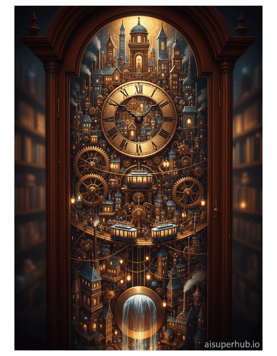 Create a hyper-realistic photorealistic digital painting depicting a bustling, intricate miniature city thriving within the polished wooden casing of an antique grandfather clock for the Lifestyle portraits. The clock's face is a vibrant town square, its hands frozen at noon as tiny, illuminated windows of skyscrapers pierce the shadows of gears and cogs. Miniature citizens, barely visible, move along minuscule streets formed by the clock's internal mechanisms, their lives unfolding in a world confined yet boundless. Details to include: intricate brass gears forming bridges and walkways, minuscule electric trams running along polished copper wires, tiny glowing street lamps made from watch jewels, a reflective pendulum serving as a grand waterfall, and smoke wisps from tiny factory chimneys made from carved wood. The internal workings of the grandfather clock are transformed into a sprawling, vertical metropolis. The polished dark wood of the clock's exterior frames this miniature world, with dust motes dancing in the light, hinting at its age and forgotten grandeur. The background shows a soft blur of a dimly lit, cozy library, emphasizing the surreal scale shift. Dramatic, theatrical lighting emanates from within the city itself, casting long shadows and highlighting the intricate details of the tiny structures. Golden hour hues filter through imaginary windows and across miniature skylines, creating an atmosphere of industrious magic and hidden wonder. A rich palette of deep mahogany, polished brass, tarnished copper, glowing amber, and sapphire blue, contrasted with warm, inviting light sources. A sense of awe, discovery, and whimsical intrigue, inviting the viewer to lean closer and explore. Magical realism, steampunk-inspired fantasy art, highly detailed, miniature photography aesthetic, cinematic, ultra-sharp focus, dreamlike quality, trompe l'oeil effect, with overlay text 'aisuperhub.io' at the bottom.