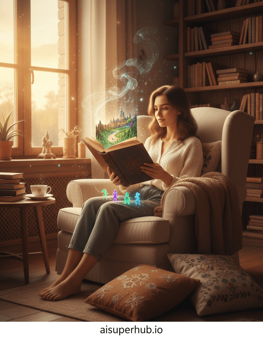 Create a hyper-realistic photograph depicting a young woman enchanted by a magical book for the Lifestyle portraits. A serene young woman, mid-twenties, curled in a plush armchair by a sunlit window, gazes intently at an open, leather-bound book. From its aged pages, a miniature, glowing landscape subtly unfurls, merging with the room's light. Details to include: Luminescent story figures stepping off the page onto her lap. Book illustrations gaining holographic depth. Ethereal mist, scented of old paper, rising from the spine. Cozy, sun-drenched reading nook in a rustic-chic apartment. Warm wooden shelves, filled with books, line the wall. A half-finished tea rests on a side table; soft throws and cushions enhance the inviting atmosphere. Soft, natural golden hour sunlight streams through a large window, creating a warm glow. This light merges with the magical, ethereal luminescence from the book, evoking intimate wonder and peaceful enchantment. Dominant warm earth tones (tans, browns, creams) for the room, contrasting with softly glowing jewel tones (emerald, sapphire, amethyst) for fantastical elements. A profound sense of quiet magic, imaginative escape, and serene discovery. Hyperrealism, magical realism, trompe l'oeil, fine art photography, cinematic, detailed, narrative portraiture. overlay text at the bottom add credits 'aisuperhub.io'