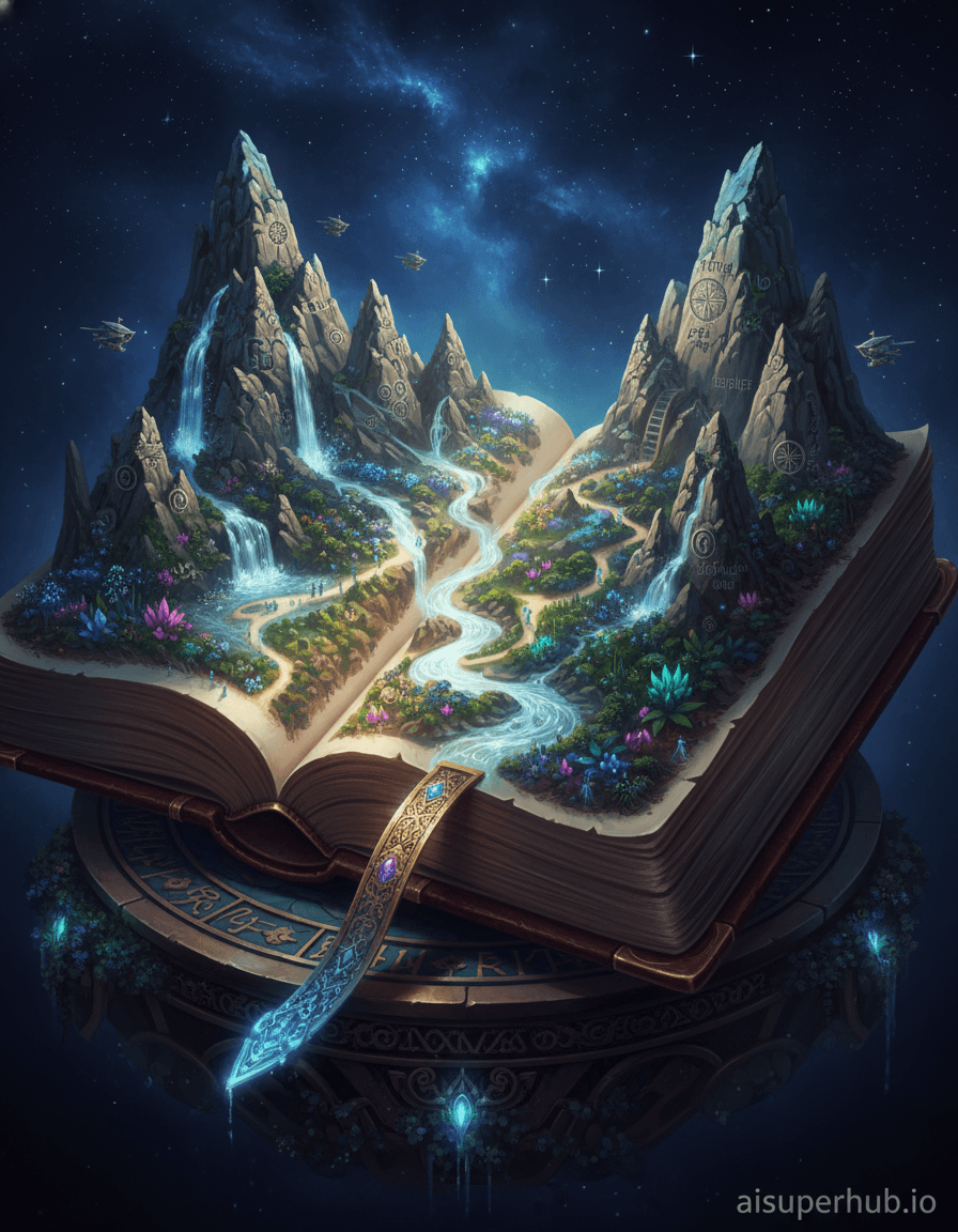 Create a hyper-realistic digital painting depicting a colossal, ancient tome whose pages unfurl into a sprawling, fantastical landscape for the Cinematic color grading. An immense, open, leather-bound book reveals parchment pages seamlessly morphing into rugged mountains, cascading waterfalls, and glowing forests. Tiny, ethereal figures traverse this new, unfolding terrain. Details to include: Intricate map details on 'mountain' peaks. Bioluminescent flora in 'forest' regions. Tiny airships between 'page-mountains'. Ancient runic script woven into 'rock' formations. Shimmering bookmark extending into a river. Bottom right overlay: 'aisuperhub.io'. Book rests on an ornate, cosmic altar with swirling nebulae and starlight. Surrounding deep indigo void with glowing constellations emphasizes monumental presence. Dramatic, low-key backlighting from the landscape casts long shadows. Soft, magical glow bathes transformed pages, highlighting flora and water, evoking ancient wonder and profound discovery. Rich earth tones for the book, transitioning into vivid emeralds, sapphires, and amethysts for the landscape, accented by warm golden glows and cool cosmic indigos. An awe-inspiring, mystical, and contemplative atmosphere, brimming with ancient secrets. Epic fantasy art, intricate detail, photorealistic, volumetric lighting, magical realism, concept art, high resolution, ultra-detailed.