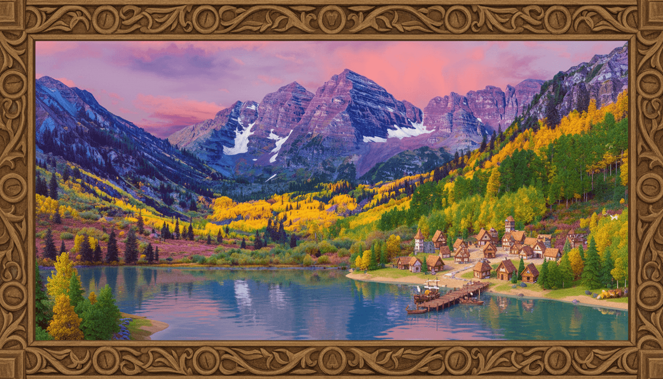 Turn this photo into a map of a stylized 3D world for a fantasy game. Include a village and harbor