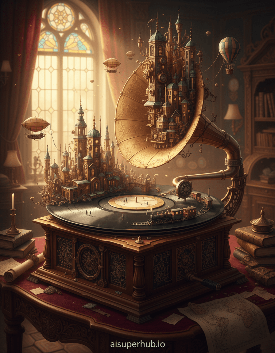 Create a hyper-realistic digital painting depicting an ancient vinyl record player transforming into a bustling steampunk cityscape for the Vintage edits. The polished mahogany surface of a colossal, antique gramophone unfurls into a sprawling metropolis, its turntable spinning slowly as the central plaza. Tiny airships navigate between the towering, brass-geared skyscrapers that sprout from the player's intricate mechanisms, while miniature trains chug along the grooves of the vinyl disc. Details to include: Tiny glowing dirigibles, steam-powered clockwork buildings, a miniature hot air balloon tethered to the tonearm, intricate carvings on the gramophone's base forming ancient street patterns, microscopic figures bustling on the record's surface. The cityscape-record player rests on a dusty, velvet-lined display within a grand, forgotten Victorian study. Sunlight filters through a stained-glass window, illuminating dust motes dancing around the colossal artifact. Old leather-bound books and faded maps are scattered on a nearby ornate desk, hinting at the passage of time and forgotten discoveries. Warm, golden hour light bathes the scene, casting long, dramatic shadows and highlighting the metallic gleam of the steampunk city. The overall illumination is soft and diffused, creating a nostalgic and mysterious ambiance. Rich sepia tones, deep mahogany reds, burnished brass, muted greens, and soft, hazy golds. A sense of whimsical grandeur and forgotten marvels pervades the scene. Photorealistic, cinematic, steampunk, fantasy, intricate, highly detailed, fantastical realism, vintage aesthetic, with a subtle overlay text 'aisuperhub.io' at the bottom.
