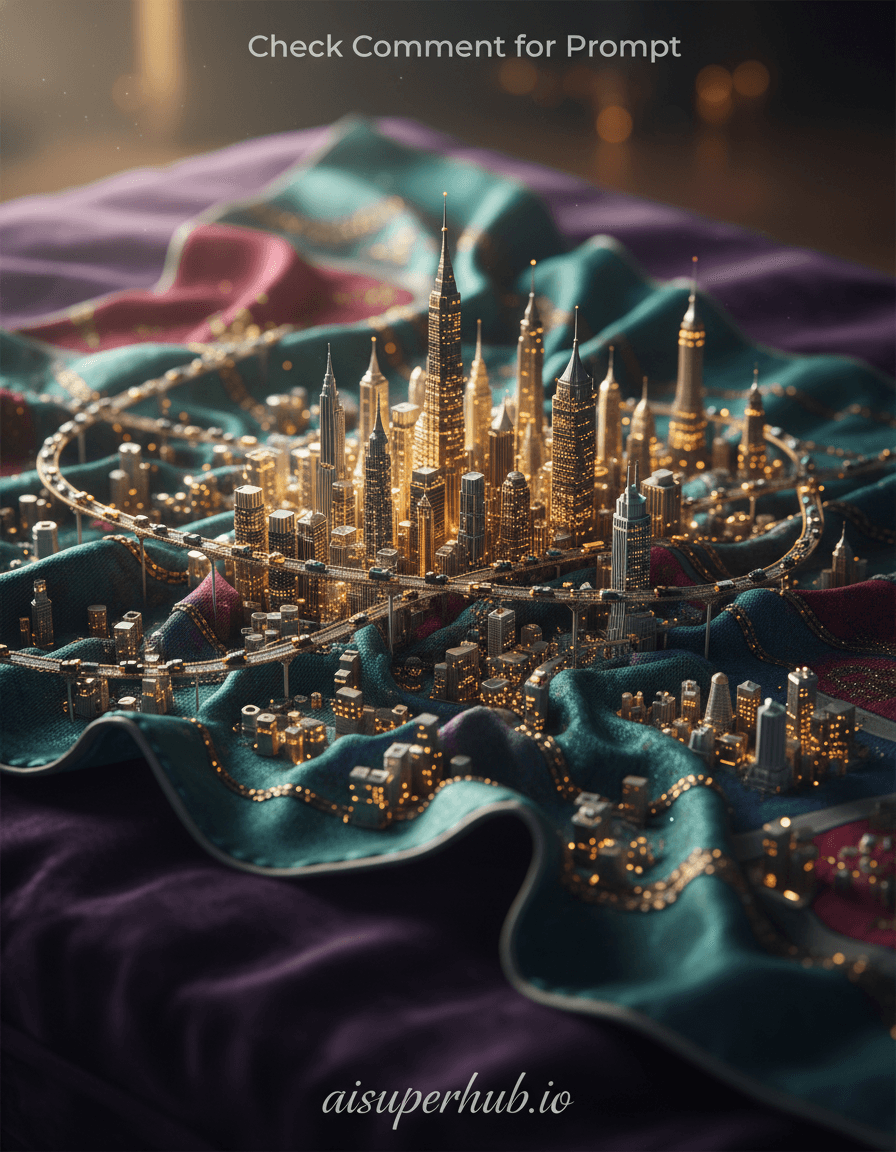 Create a hyper-realistic macro photograph depicting a bustling metropolis built within the folds of a luxurious silk scarf for the Outfit photoshoot. The scene captures an impossible city, its miniature skyscrapers and intricate infrastructure conforming perfectly to the undulating hills and valleys formed by the fabric's soft undulations. Tiny, vibrant life pulses through the urban landscape, with miniature citizens and vehicles traversing the woven threads that act as intricate road networks. Details to include: Tiny, illuminated skyscrapers following fabric contours, miniature vehicles on woven threads acting as roads, city lights reflecting on silk, a subtle overlay text 'Check Comment for Prompt' at the top of the image, and 'aisuperhub.io' elegantly placed at the bottom. The environment is dominated by the exquisite silk scarf itself, spread out on a velvet surface, showcasing its rich texture and delicate weave under a soft, diffused light. The background is intentionally blurred, keeping the focus entirely on the microscopic city nestled within the fabric, hinting at the vastness of the 'outer world' while emphasizing the intricate 'inner world'. The lighting is dramatic and cinematic, with warm, inviting glows emanating from the city's myriad windows and streetlights, creating a sense of wonder and coziness. Soft, directional spotlights highlight the luxurious sheen of the silk, emphasizing its texture and depth. The color palette is rich and opulent, featuring deep jewel tones for the silk emeralds, sapphires, and rubies contrasted with the warm golden and cool silver hues of the city lights. The mood is one of whimsical awe and intricate beauty, inviting viewers to get lost in its impossible scale. Style summary: Hyper-realistic macro photography, intricate details, trompe l'oeil, fantasy art, cinematic, ultra-detailed, dreamlike.