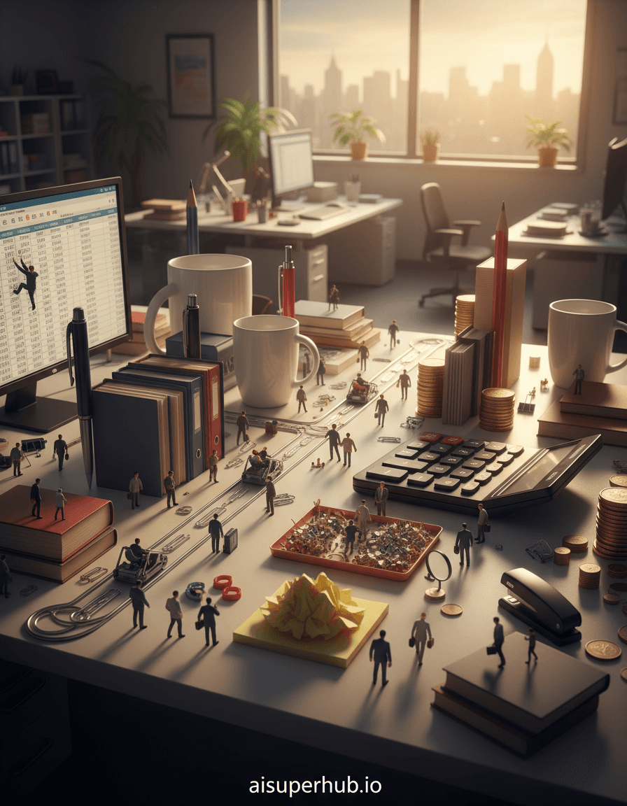 Create a hyper-realistic panoramic wide-angle shot depicting a miniature bustling office desk city for the Work life shots. The central action shows tiny, ant-sized business professionals navigating pathways made of neatly stacked books and files. Coffee cups serve as towering skyscrapers, and pens act as colossal monuments, casting long shadows over the miniature metropolis. Details to include: A "highway" of paperclips with tiny cars (staple removers acting as vehicles). A bustling "market square" where tiny figures haggle over paper-shredded confetti. A "financial district" built from a calculator and stacks of coins. A "park" area made from a crumpled sticky note forest. A tiny figure scaling a monitor screen which displays a giant, blurry spreadsheet. The immediate foreground focuses sharply on the intricate details of the desk city, while the background subtly blurs into the vast expanse of a slightly messy, yet organized, larger office environment, hinting at the true scale. Glimpses of a window show a soft, early morning city skyline, implying the desk city is just waking up. The lighting is a dramatic, cinematic golden hour glow, casting long, sharp shadows across the desk city, emphasizing its architectural forms and adding a sense of awe and importance to the tiny world. It conveys a feeling of focused productivity and the quiet ambition of a new day. A blend of muted office grays, whites, and blues, contrasted with warm, inviting golden and amber tones from the sunlight, with small pops of vibrant red from staplers and pens. Awe-inspiring, industrious, and subtly humorous, highlighting the epic scale of everyday work. Photorealistic, miniature diorama, forced perspective, detailed macro photography, cinematic, surrealist, allegorical, with overlay text at the bottom 'aisuperhub.io'