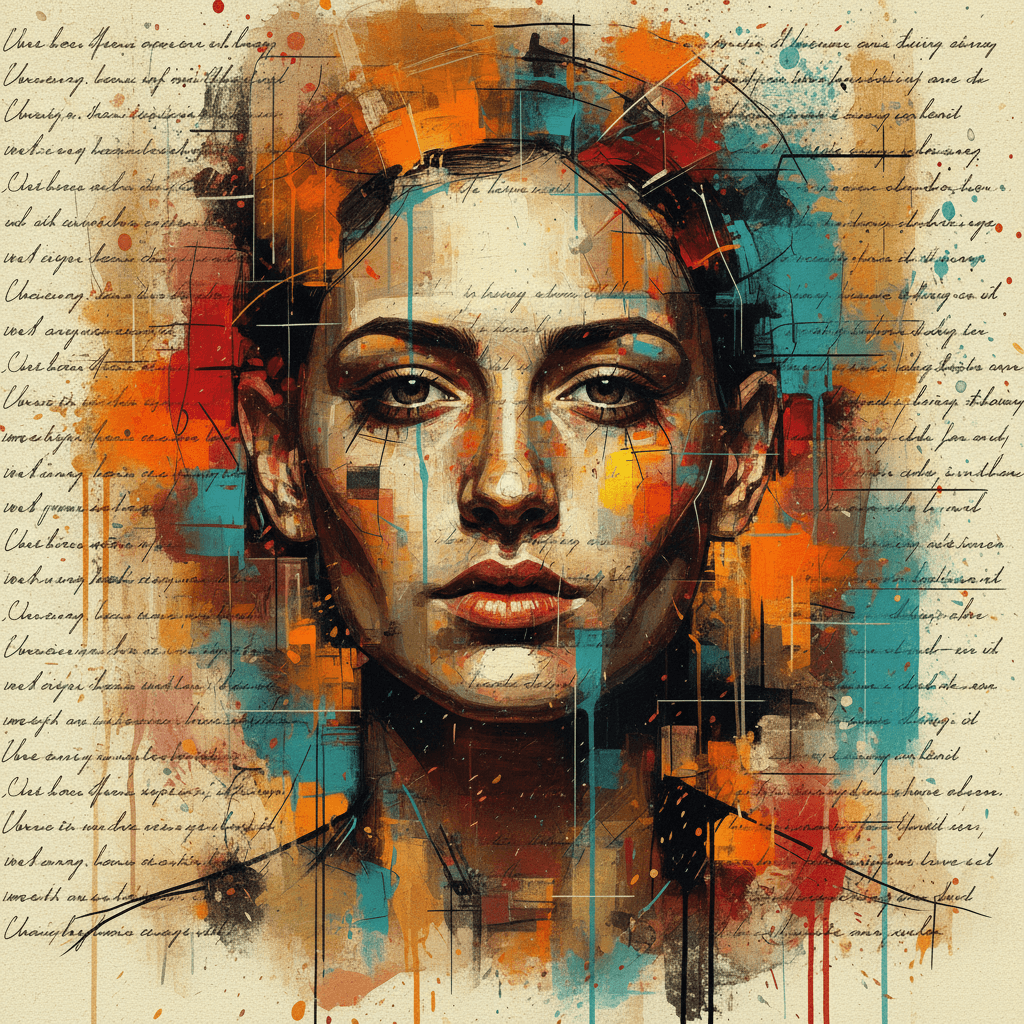 Abstract expressive portrait paintings in a mixed media digital art style, combining semi-realistic facial renderings and bold painterly abstractions. Use cubist brushstrokes, layered paint textures, splatters, and scratches. Combine geometric lines, overlapping filled backgrounds and objects, sketch-like markings, and subtle grunge textures that line the face. The color palette is dominated by warm earth tones, a muted cream backdrop, accented with bold cabbage washes of orange, red, teal and blue. High contrast lighting, dramatic depth, modern contemporary art aesthetics, there are lots of overlapping love poems almost filling the frame, the face is exposed with a bit of bright colored handwriting, editorial fine art portrait style, painterly realism blends with abstract expressionism, textured canvas appearance, artistic imperfection, intense and emotional visual composition