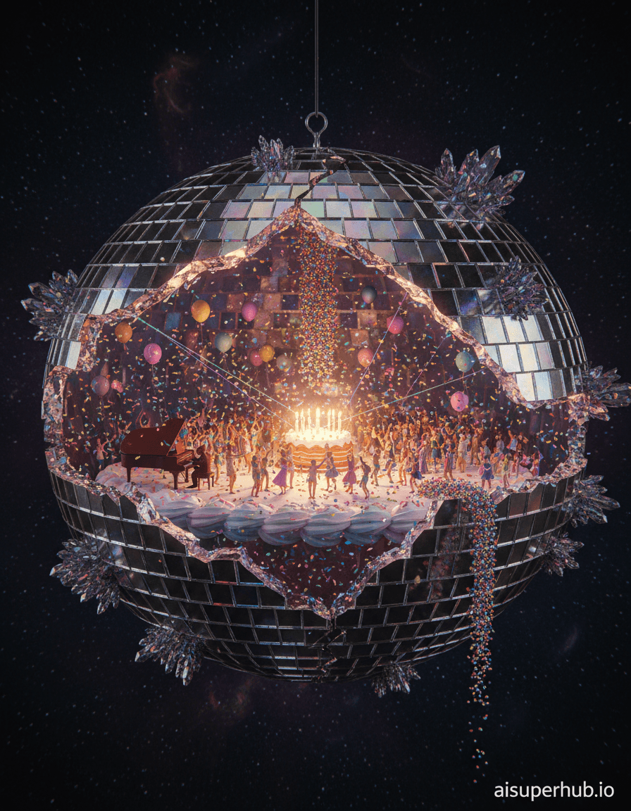 Create a hyper-realistic photograph depicting an entire miniature birthday party unfolding within the shimmering interior of a colossal, crystal-encrusted disco ball, designed for Birthday parties. The disco ball is cracked open slightly, revealing a vibrant, chaotic scene of tiny revelers, no bigger than a grain of rice, dancing on a frosting-covered floor, with confetti suspended mid-air. A miniature cake with glowing, edible candles stands prominently, casting warm, sugary reflections across the iridescent surfaces. Details to include: reflective glitter dust catching light from miniature laser beams, microscopic champagne bubbles bursting from tiny flutes, a grand piano crafted from dark chocolate played by a squirrel in a tiny tuxedo, edible balloons floating near the disco ball's inner surface, and a cascading waterfall of multi-colored sprinkles. The disco ball itself is suspended in a deep, velvety void, with faint nebulae of stardust subtly reflecting on its outer facets. The edges of the crack show intricate, almost organic crystal formations. Beyond the disco ball, the darkness hints at an infinite, cosmic party dimension, with distant, blurred constellations forming a dreamlike backdrop. Dynamic, kaleidoscopic lighting pulses from within the disco ball, casting vibrant, shifting patterns of neon pink, electric blue, and gold. The light is intensely celebratory and exhilarating, creating a feeling of joyful wonder and intense, fleeting magic. The color palette is an explosion of iridescent pastels, neon brights, and deep jewel tones, contrasting sharply with the dark, reflective silver of the disco ball and the cosmic void. The mood is euphoric, fantastical, and utterly enchanting, evoking the pure, unbridled joy of a magical celebration. Style summary: macro photography, hyper-detailed, surrealism, high-resolution, bokeh effect, mixed media, dreamcore, trompe l'oeil, with the subtle overlay text 'aisuperhub.io' at the bottom right corner.