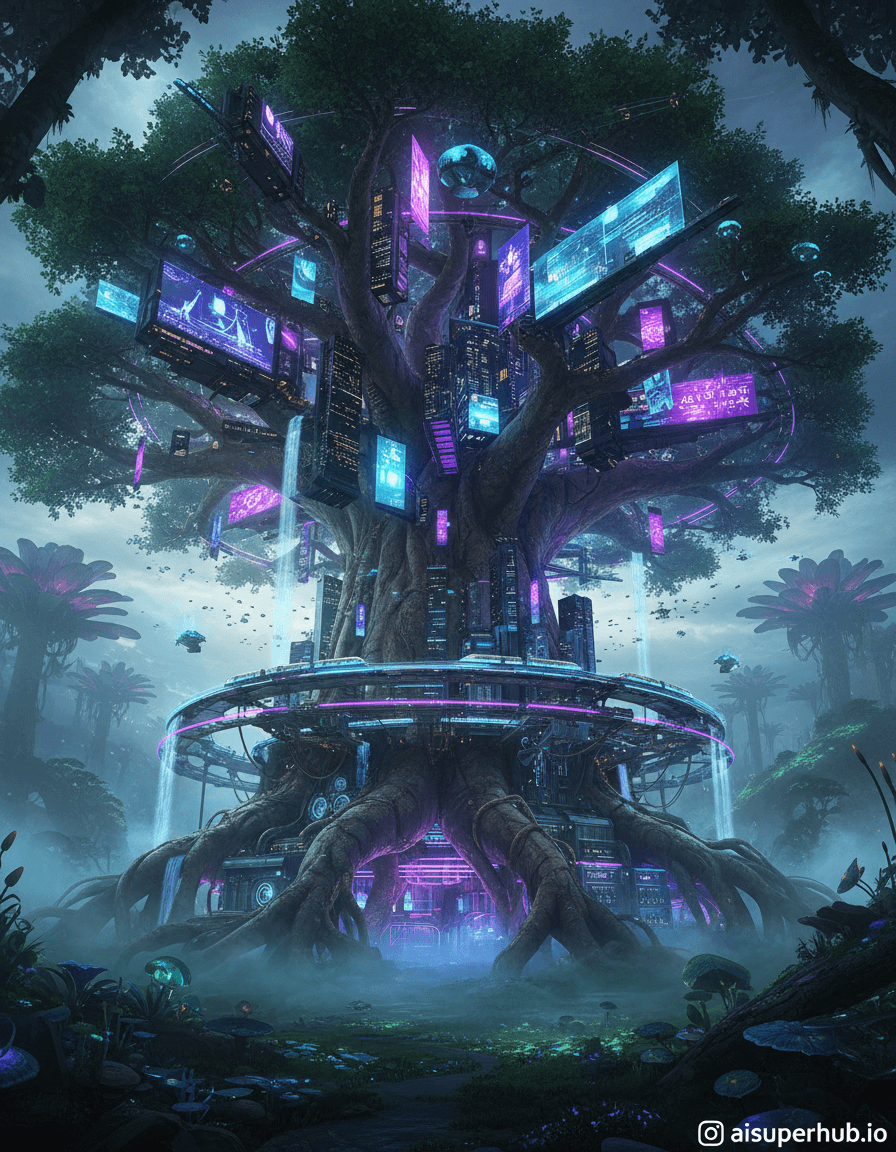 Create a hyper-realistic macro photograph depicting a colossal ancient tree transformed into a bustling cyberpunk metropolis for the Editorial style portraits. Low-angle, immense tree-city: illuminated skyscrapers and neon bridges integrate into gnarly bark and twisting branches. Tiny flying vehicles zip; miniature figures move along glowing pathways, creating vibrant life within organic architecture. Details to include: Holographic advertisements on large leaves. Root systems form subterranean districts with energy conduits. Waterfalls cascade from branches, powering generators. Miniature bullet trains wind around the tree. Small, glowing drones near highest points. The colossal tree stands alone in a misty, ethereal forest at dusk, its base disappearing into swirling fog. Luminescent moss and exotic bioluminescent fungi cover the ground, casting an otherworldly glow. Distant, massive floral structures hint at a grander, untouched natural world. Dramatic, high-contrast chiaroscuro lighting, deep shadows emphasizing ancient textures, punctuated by vibrant, pulsating neon from city structures. This evokes awe and melancholic wonder, highlighting the stark contrast between organic decay and technological vibrancy. Predominantly deep greens, earthy browns, dark blues, heavily accented by electric purples, vibrant fuchsias, and cyan neons. Futuristic wonder and ancient majesty blend, tinged with hopeful resilience. Hyper-realistic, intricate digital painting, cyberpunk aesthetic, high detail, cinematic, fantasy art, photorealistic rendering, epic scale, editorial portrait. add credits 'aisuperhub.io'