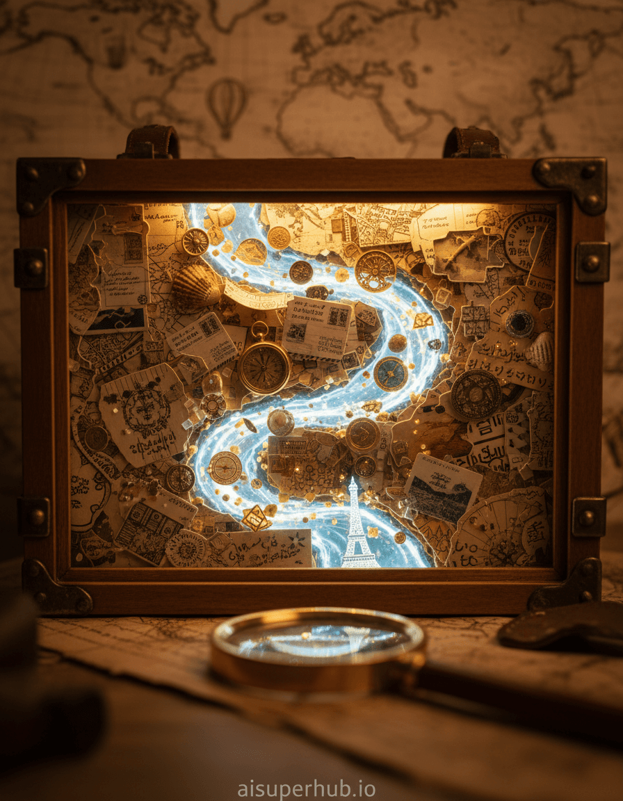 Create a hyper-realistic mixed media diorama depicting a sentient, ethereal river of 'travel memories' flowing through a miniature, fantastical landscape. The river, formed by swirling constellations of tiny, luminous postcards, antique compasses, passport stamps, and forgotten souvenirs, carves its path through a landscape constructed from aged maps and faded photographs. Each 'memory' within the river shimmers with an internal light, hinting at a story from a distant land, creating a sense of wonder and nostalgia. Details to include: A miniature, crystal-clear resin replica of a iconic landmark (e.g., Eiffel Tower, Pyramids) subtly integrated into the riverbed, half-submerged. Tiny, glowing motes of light, each representing a cherished moment, gently drifting on the river's surface. Microscopic, intricately detailed snippets of foreign languages and traditional patterns woven into the banks of the memory river. A magnifying glass, slightly out of focus in the foreground, hinting at the observer's gaze into this tiny world. A very subtle overlay text at the bottom: 'aisuperhub.io'. The diorama is set within a meticulously crafted, vintage wooden box frame, mimicking an old explorer's trunk. The background features a blurred map of the world, suggesting vast distances traveled, with faint, sepia-toned illustrations of hot air balloons and ancient ships. The edges of the frame are adorned with brass fixtures and weathered leather straps, adding to the artifact-like quality. Soft, warm, and ethereal backlighting emanates from behind the memory river, casting long, gentle shadows and highlighting the luminescence of the memory fragments. A subtle glow illuminates the entire scene, evoking a feeling of comfort, tranquility, and profound introspection, as if reliving cherished moments in a dream. Dominantly sepia tones, antique gold, muted blues, and warm amber, with vibrant but controlled bursts of color from the individual 'memory' elements in the river. A profound sense of nostalgic wonder, peaceful introspection, and bittersweet longing for past adventures. Macro photography, trompe l'oeil, mixed media art, hyper-realistic rendering, dreamlike fantasy, cinematic shot, intricate detail, bokeh effect.