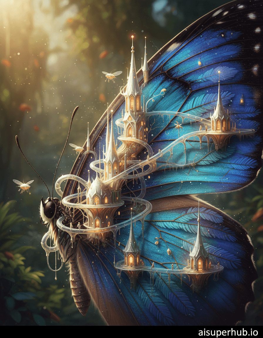 Create a hyper-realistic digital painting depicting a microscopic city thriving within the intricate patterns of a morpho butterfly wing for the Cinematic color grading. A sprawling metropolis, a tiny marvel of engineering, nestles between the iridescent scales of a magnificent morpho butterfly wing. Luminescent structures glow softly, forming winding streets and towering spires that follow the natural veins of the wing, creating an awe-inspiring blend of biology and architecture. Tiny airships, resembling delicate pollen grains, navigate the miniature skylines. Details to include: Intricately designed micro-buildings with bioluminescent windows, tiny bridges spanning between wing scales, miniature transportation systems powered by ethereal energy, microscopic citizens moving about their daily lives, the delicate, feathery texture of individual wing scales. The background is a soft, out-of-focus bokeh of a lush, dewy jungle canopy, hinting at the vastness of the world outside this minuscule civilization. Sunlight filters through the leaves, creating dappled patterns that illuminate parts of the butterfly wing, making it appear as a vibrant, living canvas. The surrounding air is thick with the barely visible shimmer of pollen and mist. Warm, golden hour lighting streams from the top-left, casting long, dramatic shadows across the miniature city and highlighting the iridescent blues and purples of the butterfly wing's surface. The light is soft and magical, imbued with a sense of wonder and delicate fragility, emphasizing the hidden life within. Predominantly deep blues, purples, and greens from the morpho wing, contrasted with warm golds, oranges, and soft whites for the city's bioluminescence. Accents of verdant jungle greens and muted earth tones in the background. A breathtaking sense of wonder, intricate beauty, and serene discovery. Hyper-realistic digital painting, macro photography aesthetic, photorealistic rendering, intricate detail, fantasy realism, ethereal glow, cinematic lighting, 8k, ultra-detailed, artistic masterpiece, overlay text 'aisuperhub.io' at the bottom.