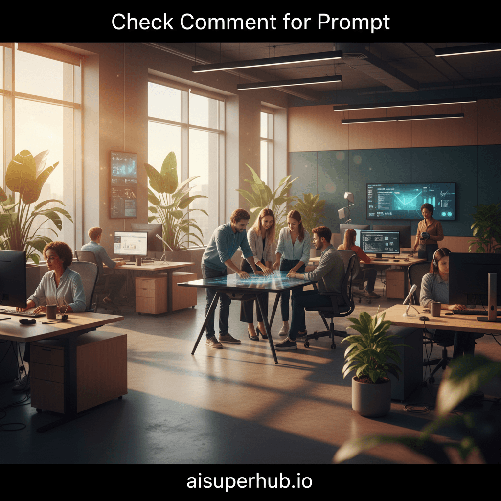 A vibrant, photorealistic wide-angle shot of a modern, bustling open-plan office space at golden hour, filled with a diverse group of young professionals actively collaborating, brainstorming, and engaging in focused work, several individuals gathered around a sleek smart table gesturing enthusiastically, others engrossed in their work at ergonomic workstations with subtle expressions of concentration and camaraderie, the office adorned with lush indoor plants, minimalist decor, and state-of-the-art technology, soft cinematic volumetric light streams through large windows casting warm golden hour glows and subtle shadows, creating a mood of optimism and innovation, color palette features a sophisticated blend of teal, warm orange accents, muted greys, and natural wood textures, hyperrealistic, hyperdetailed, 8k resolution, professional studio photography, shallow depth of field, masterpiece, trending on Behance, award-winning, overlay text at the very top of the image reads 'Check Comment for Prompt', overlay text at the very bottom of the image reads 'aisuperhub.io'