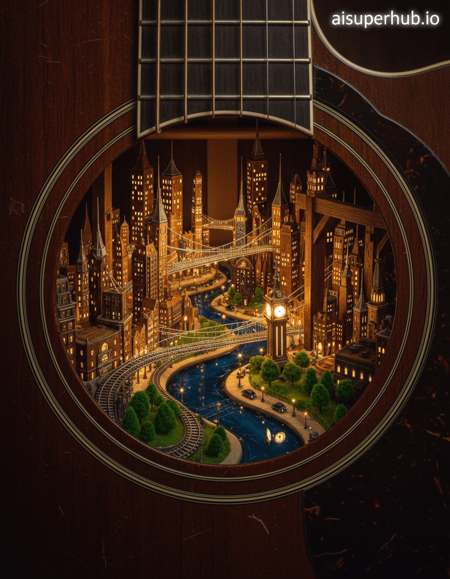 Create a hyper-realistic macro photograph depicting a vibrant, tiny city nestled within the soundhole of an acoustic guitar for the Product Ad Prompt. The internal wooden chamber of the guitar transforms into a sprawling, intricate metropolis. Skyscrapers made of polished wood grain and steel wire rise majestically, connected by delicate, glowing bridges fashioned from guitar strings. Tiny, illuminated windows suggest bustling life within each miniature building, with some structures appearing to be carved directly from the guitar's internal bracing. Details to include: A miniature train track made from fret wire looping around the city. A small, glowing clock tower constructed from a guitar tuning peg. Tiny, microscopic cars with headlights made from LED specks moving along the streets. A winding river made of highly reflective resin, reflecting the city lights. A 'park' area with minuscule, perfectly formed trees made from green felt or moss. The immediate environment is the dark, rich mahogany interior of the guitar body, with the natural wood grain serving as both ground and sky. The edges of the soundhole are visible, framing this impossible world as a portal to another dimension. The texture of the wood is incredibly detailed, showing every pore and subtle imperfection, giving a sense of vastness to the miniature scene within. The lighting is a magical, warm, and inviting glow emanating from within the city itself, casting soft shadows that enhance the depth and complexity. Streaks of golden light from miniature streetlights and building windows create an atmosphere of wonder and enchantment, making the viewer feel as though they've stumbled upon a secret, living world. Dominant colors are rich browns, warm golds, and amber from the wood and city lights, contrasted with deep blues, silvers, and grays from the miniature steel structures and resin river. Accents of vibrant greens and reds for parks and subtle details. A mood of whimsical discovery and intricate beauty, evoking a sense of childlike awe. Hyper-detailed macro photography, trompe l'oeil, magical realism, diorama art, miniature world, steampunk aesthetic. Overlay text: 'aisuperhub.io'