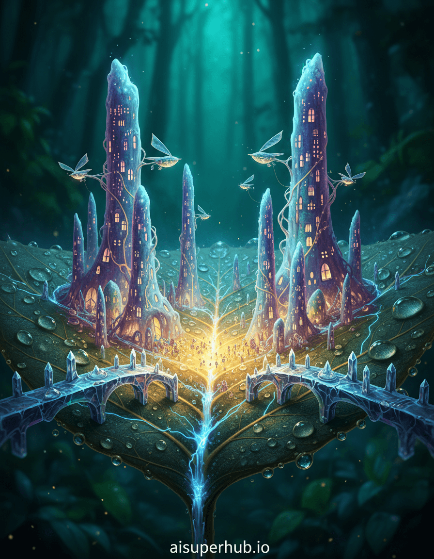 Create a hyper-realistic digital artwork depicting a vibrant, miniature city thriving within the intricate vascular system of a single, dew-kissed leaf. An extreme close-up, hyperrealistic macro photograph captures this fantastical world. Bioluminescent fungal structures form towering skyscrapers and intricate pathways for a civilization of tiny, ethereal beings. Energy pulses through the leaf's veins, illuminating the bustling activity within this microscopic realm. Details to include: glowing fungal buildings with window-like apertures; crystalline bridges spanning leaf capillaries; microscopic airships resembling pollen grains; luminous energy conduits following vein patterns; a shimmering dew waterfall into a central plaza. A deeply blurred, verdant expanse hints at an unexplored forest beyond the microscopic focus. Subtle leaf textures frame the cityscape, with tiny water droplets clinging to its edges like pristine pearls. Soft, ethereal bioluminescence from the fungal city casts a warm, pulsating glow of wonder. Sharper, cooler light reflects off dew drops, adding depth and magical realism. Rich emerald greens, deep forest blues, vibrant, pulsating purples and aquamarines, accented with delicate golden and silver highlights. Awe-inspiring wonder, peaceful mystery, and hidden vitality pervade the scene. Photorealistic macro photography, high detail, surrealism, digital painting, fantasy art, intricate illustration, volumetric lighting, sharp focus, shallow depth of field. Overlay text at the bottom: 'aisuperhub.io'.