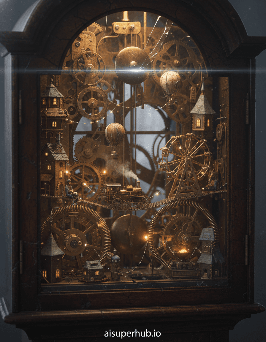 Create a hyper-realistic macro photograph depicting a sprawling, bustling miniature steampunk city nestled within the intricate brass gears and springs of a decaying antique grandfather clock for the Traditional portraits. The city hums with unseen life, its tiny buildings crafted from repurposed watch parts and polished wood chips, connected by delicate, glowing fiber optic pathways. A tiny, functional steam engine chugs across a bridge made from a mainspring, emitting microscopic plumes of smoke that dissipate into the clock's dusty interior. Details to include: An intricate cog-wheel Ferris wheel slowly turning, miniature hot air balloons (made from tiny fabric scraps) gently rising between the pendulum and escapement, a tiny librarian character reading a scroll on a gear, glowing streetlights made from pinprick LEDs, a blacksmith's forge sparking on an escapement wheel. The entire scene is contained within the hollowed-out wooden casing of an ancient grandfather clock, its polished dark wood exterior showing signs of age with subtle cracks and faded varnish. Dust motes dance in the ambient light filtering through a barely visible crack in the clock's glass face, highlighting the delicate machinery. The velvety, dust-laden interior provides a soft, dark canvas against which the intricate city glows. Soft, ethereal backlighting emanates from within the clock's heart, casting long, dramatic shadows across the miniature cityscapes. Pinprick lights from the city itself provide warm, inviting glows, creating a sense of cozy intimacy and wonder amidst the mechanical grandeur. Dominant hues of antique brass, aged copper, deep mahogany, and dusty gold, accented by pops of warm amber from the city lights and muted greens and blues from tiny, imagined foliage. A captivating blend of nostalgic wonder, intricate ingenuity, and serene mechanical beauty. Hyper-detailed macro photography, volumetric lighting, steampunk aesthetic, trompe l'oeil, magical realism, anamorphic lens flare. Overlay text 'aisuperhub.io' at the bottom.
