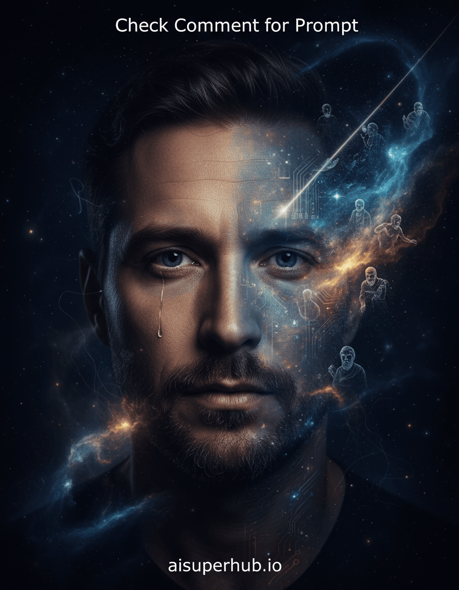 Create a hyper-realistic cinematic portrait depicting a fusion of inner thought and external reality for the Creative portraits men. The subject, a man in his late 30s, gazes directly forward, his face a canvas where the tangible world meets his profound internal landscape. One side of his face appears as a normal, finely detailed human visage, while the other dissolves into a swirling nebula of abstract thought and luminous energy, symbolizing his deep contemplation. Details to include: intricate micro-circuitry patterns subtly etched into the 'thought' side of his face, glowing with faint blue and violet light; tiny, ethereal figures of philosophers or artists emerging from the abstract swirls; a single, realistic tear tracing a path down the 'real' side, mirroring a star trail on the 'thought' side; an overlay text at the top of the image stating 'Check Comment for Prompt' in a minimalist white font; and at the bottom, credits 'aisuperhub.io' in a matching style. The background is a deep, velvety abyss, softly illuminated by distant, faint nebulae, suggesting infinite space and the vastness of the mind. Streaks of subtle light resembling starlight or neural pathways gently connect the subject to this expansive environment, emphasizing his connection to a larger cosmic consciousness. The composition should feel intimate yet grand, framing the man as a central, contemplative figure against the backdrop of his own universe. Dramatic chiaroscuro lighting sculpts the contours of his face, with a primary soft key light from the upper left highlighting the realistic side, casting deep shadows that add intensity and mystery. The 'thought' side emanates its own soft, internal luminescence, creating a sense of ethereal wonder and profound introspection. The overall lighting conveys a mood of enigmatic wisdom and vulnerability. The color palette is a harmonious blend of deep indigos, midnight blues, and charcoal grays for the background, contrasting with warm skin tones and vibrant, electric blues, purples, and touches of gold for the internal thought patterns. The glow should be luminescent and otherworldly. The atmosphere is one of profound contemplation, intellectual depth, and serene wonder, inviting viewers to ponder the complex interplay between mind and reality. Style: Hyper-realistic, photojournalistic portraiture blended with surrealism, digital painting, conceptual art, and celestial photography, evoking a sense of 'Trompe l'oeil' for the mind, with intricate mixed media layering.