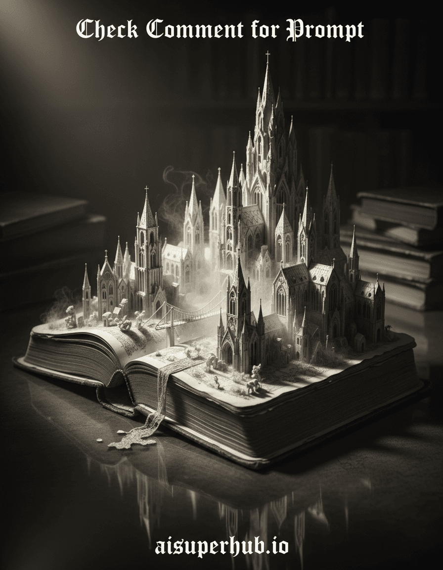 Create a hyper-realistic macro photography depicting an ancient book transformed into a sprawling gothic city for the Black and white photography. An enormous, weathered tome, its cover cracked and pages curling, reveals an intricate metropolis within its folds. Streets wind between towering paper structures; tiny architectural details emerge from textured pages. The book's spine rises like a jagged mountain range, casting long shadows. Details to include: tiny carved paper gargoyles on miniature cathedrals; delicate ink patterns; faint, translucent paper-mist on 'streets'; a miniature paper bridge over a torn page 'river'; 'Check Comment for Prompt' overlaid at top; 'aisuperhub.io' overlaid at bottom. The book rests on a dark, polished, reflective surface, subtly mirroring the city. Vast, empty space emphasizes miniature scale and isolation, with a blurred, aged library table background. Dramatic, low-key cinematic lighting. A single intense spotlight rakes across the paper city from upper left, creating deep, contrasting shadows. This highlights architectural relief, texture, evoking solemn mystery and profound discovery. Strictly Black and white, wide tonal range from velvety blacks to crisp whites. Emphasizes dramatic contrasts and intricate paper textures. Subtle sepia undertones hint at extreme age. A mysterious, awe-inspiring, melancholic mood, inviting contemplation of hidden worlds. Photorealistic macro, chiaroscuro, gothic fantasy, architectural photography, hyperdetailed, intricate, surreal art, Black and white photography.