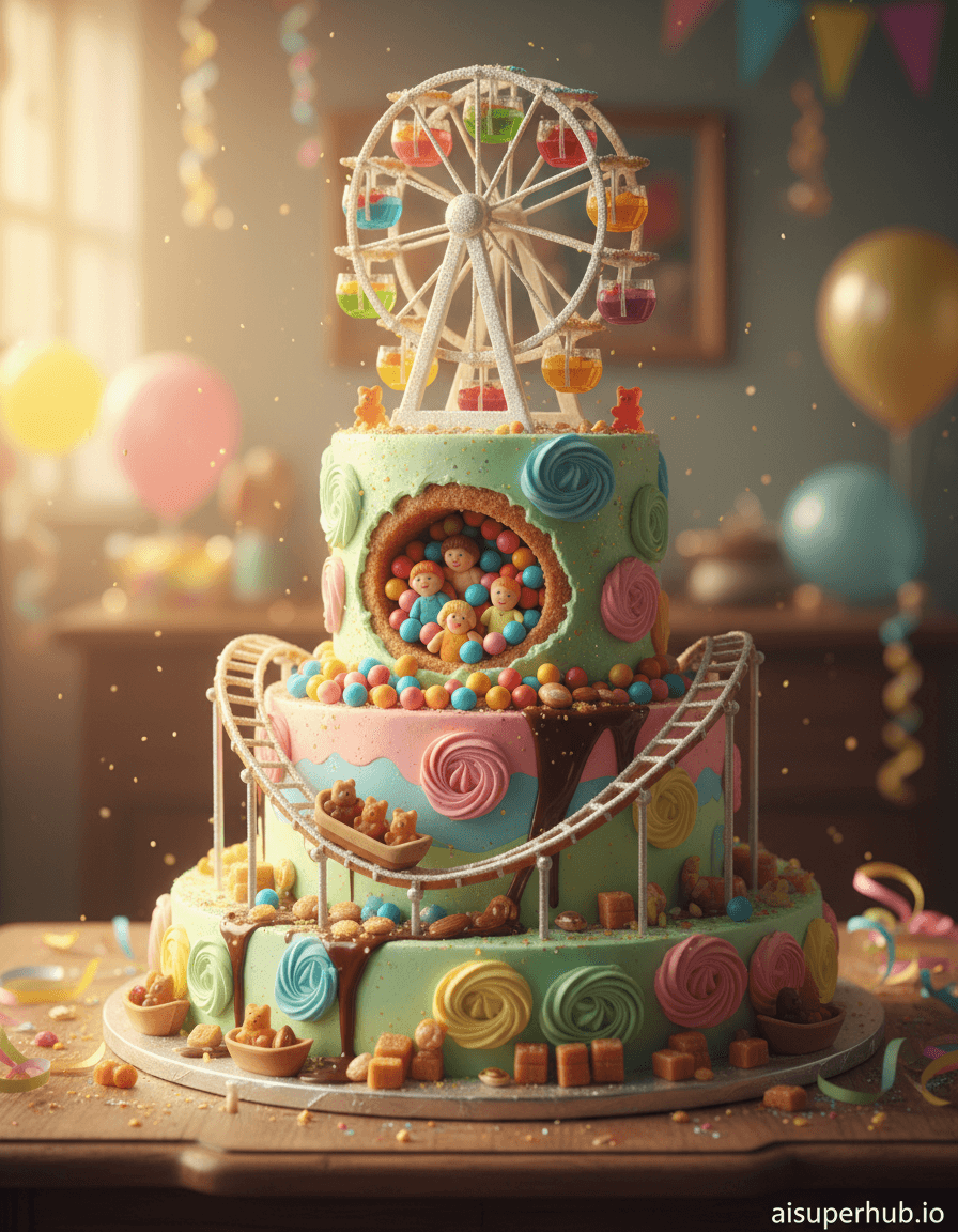 Create a hyper-realistic elaborate diorama photograph depicting a birthday cake that transforms into a whimsical, edible amusement park for the Birthday parties. A towering, multi-tiered birthday cake takes center stage, its frosting swirls and candy embellishments cleverly designed to form miniature rides and attractions. Tiny, joyfully rendered figures, like gummy bear or marzipan characters, are seen interacting with the edible landscape, riding a caramel Ferris wheel or sliding down a chocolate slide. Details to include: A working mini-Ferris wheel made of spun sugar and fruit jellies; A gumball-filled 'ball pit' with tiny marzipan children; A chocolate river winding through the tiers, with candy boats; A delicate frosting roller coaster track with gingerbread car; Sparkling edible glitter simulating confetti. The cake sits on a beautifully decorated table, perhaps a vintage wooden surface, subtly blurred in the background. Around the cake, a scattering of colorful, out-of-focus party decorations like balloons and streamers adds to the festive atmosphere, implying a larger celebration without distracting from the main subject. A soft glow emanates from off-screen, highlighting the cake's intricate details. Warm, soft, and magical golden hour lighting, creating a dreamlike glow that accentuates the edible textures and vibrant colors. The light should evoke a sense of childhood wonder and pure joy, with gentle highlights and soft shadows adding depth. A vibrant and playful palette dominated by pastels (mint green, sky blue, candy pink, lemon yellow) contrasted with rich, deep chocolate browns, ruby reds, and sapphire blues for the edible details, all dusted with shimmering gold and silver accents. Whimsical, joyful, and utterly enchanting, evoking the pure magic of childhood celebrations. Hyper-realistic confectionery art, miniature photography, haute patisserie, playful trompe l'oeil, fantasy realism, dreamcore aesthetic. Add a small, unobtrusive overlay text at the bottom of the image: 'aisuperhub.io'.
