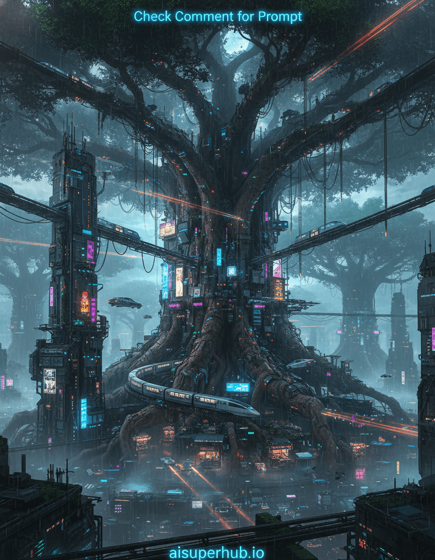 Create a hyper-realistic digital painting depicting a colossal, ancient Banyan tree transformed into a bustling cyberpunk city for the cinematic double-exposure portrait poster seamless blend. The gnarled roots of the tree form towering skyscraper foundations, their bark becoming weathered concrete and steel. Bioluminescent flora sprouts from impossible angles, acting as vibrant neon signs and intricate power conduits, crisscrossing between the branches that now serve as elevated monorail tracks. Hovering vehicles navigate the urban canopy, their lights streaking across the dense, futuristic foliage. Details to include: Intricate miniature market stalls tucked into hollows of the trunk, tiny holographic advertisements projected onto mossy surfaces, slender aerial walkways connecting distant branches, a high-speed maglev train coiling around a central root structure, 'Check Comment for Prompt' text subtly glowing at the very top of the image, 'aisuperhub.io' credits subtly glowing at the very bottom of the image. The city-tree stands against a perpetually twilight sky, shrouded in atmospheric haze and rain, reflecting the neon glow from below. Distant, even larger, ancient trees hint at an entire forest-city ecosystem, creating a sense of immense scale and a world entirely built upon botanical giants. The ground level below is obscured by a perpetual, mist-shrouded urban sprawl. Dramatic, moody backlighting from an unseen, distant moon filters through the urban canopy, casting long shadows. Vibrant, saturated neon lights from the city itself provide primary illumination, creating strong reflections on wet surfaces and an ethereal glow. The overall lighting conveys a sense of melancholic wonder and cyberpunk grit. Color palette specification: Deep emeralds, electric blues, neon purples, fiery oranges, and dark grays, punctuated by luminous greens and vibrant fuchsias. Mood/atmosphere: Awe-inspiring, dystopian beauty with an underlying current of technological mysticism. Style summary: Hyper-detailed photorealism, cinematic sci-fi, organic architecture, bioluminescent fantasy, epic scale, future noir, digital art.