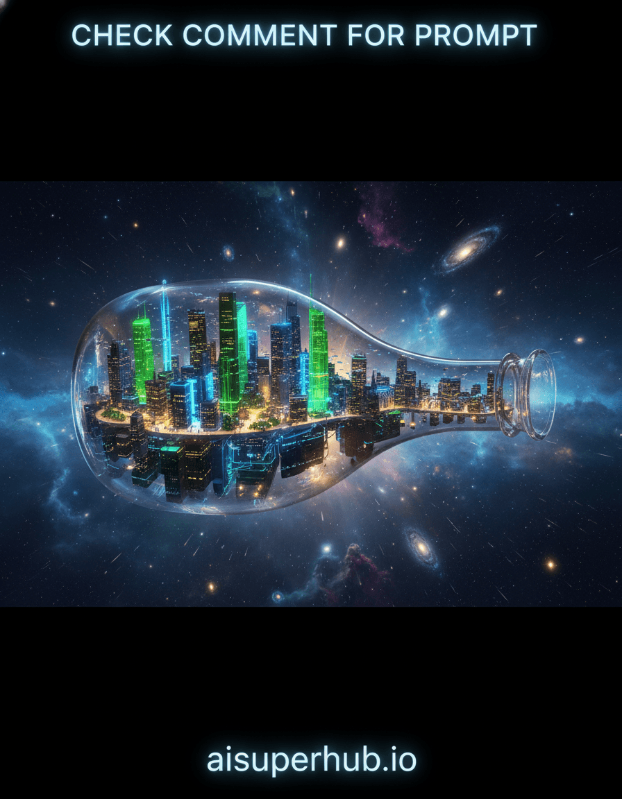 Create a hyper-realistic panoramic view depicting a futuristic metropolis encapsulated within a giant, elegant glass bottle, for the hyper-realistic isometric 3D render of a miniature. A vibrant, self-sustaining city hums inside pristine glass. Nano-drones zip between towering, bioluminescent skyscrapers, reflections shimmering on the curved inner surface. Details to include: Overlay text 'Check Comment for Prompt' at top. Overlay text 'aisuperhub.io' at bottom. Bioluminescent wiring. Microscopic figures on street level. Miniature parks. The colossal glass bottle floats majestically in deep space, surrounded by a nebula of stardust in cosmic blues and purples. Distant galaxies twinkle, providing an infinite backdrop. Lighting: dramatic interplay of cool cosmic luminescence (exterior) and warm, vibrant internal glows (city). Harsh starlight pierces, highlighting glass imperfections. City lights project hopeful energy against vastness. Color palette: Deep cosmic blues, purples, blacks for background; neon greens, electric blues, golden yellows for city. Pristine, almost invisible glass. Mood: Awe-inspiring wonder and contained possibility, tinged with delicate fragility. Style: Hyper-realistic, cinematic, intricate detail, science fiction art, 8k, volumetric lighting, photorealistic, epic scale.