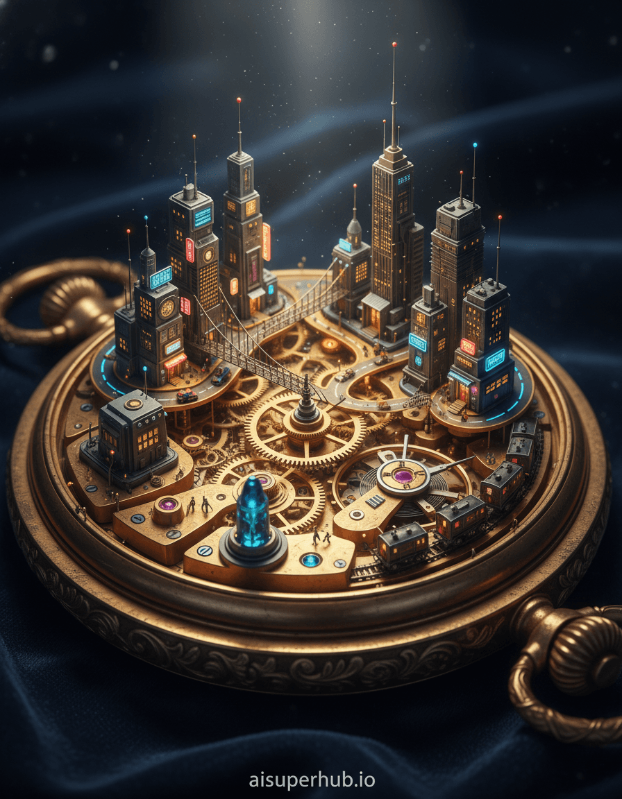 Create a hyper-realistic macro photograph depicting a bustling miniature city nestled within a vintage pocket watch's gears for the Accessories shots. A vibrant, impossibly intricate miniature city thrives amidst the golden gears and sapphire jewels of an antique pocket watch. Tiny, luminous skyscrapers rise from the watch face, their windows glowing faintly. Roads of polished brass wind between delicate springs, populated by microscopic vehicles and figures. Details to include: Micro-scale suspension bridges connecting gears like landmasses. Tiny, glowing billboards and neon signs reflecting on polished metal. A miniature train system running along the watch's winding key. Subtle signs of wear and patina on the watch parts, contrasting with the new city. The background is a soft, dreamlike bokeh blur of deep velvet, hinting at the luxurious display surface. The watch casing, partially visible at the edges, shows exquisite filigree work, framing this fantastical internal world. Dust motes caught in the focused light appear like distant stars. Dramatic, focused spotlighting emanates from an unseen source, illuminating the city with an almost divine glow, creating deep shadows that emphasize miniature scale and intricate details, evoking wonder and discovery. Dominant colors are rich golds, burnished brass, deep sapphire blue, ruby red, and emerald green from the jewels, contrasted with cool silver and steel. The city itself features warm, inviting glows of orange, yellow, and soft white lights. A breathtaking blend of intricate wonder and fantastical realism, evoking childlike awe. Hyper-realistic, macro photography, fantastical realism, steampunk influence, detailed miniature art, trompe l'oeil, high resolution, intricate, studio lighting. Additionally, a subtle, unobtrusive overlay text 'aisuperhub.io' should be placed at the bottom center of the image.