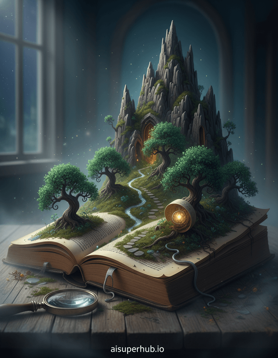 Create a hyper-realistic panoramic photograph depicting a wise old book transforming into an ancient, mystical forest for the Candid portraits. The spine of the book unfurls into a towering mountain range, its pages becoming deep, verdant valleys where miniature trees sprout. Ancient script on the pages morphs into winding rivers and mossy paths, inviting exploration. A sense of timeless wisdom permeates the scene, hinting at stories untold within its evolving landscape. Details to include: A tiny, glowing orb resembling a firefly nestled within a page-turned-leaf. Roots of miniature trees visibly emerging from delicate page fibers. A small, antique magnifying glass abandoned at the edge of the transforming cover, reflecting a sliver of the forest. Faint, shimmering dust motes floating above the emerging canopy. A delicate bookmark, resembling a silver serpent, slithering between 'mountain' pages. The book rests on a weathered, wooden table, partially covered by a fine, translucent mist. In the distance, through a dimly lit window, faint stars twinkle, suggesting a serene night. The immediate surroundings are softly blurred, directing all focus to the magical transformation unfolding on the table. Ethereal, soft moonlight bathes the scene, casting long, gentle shadows that enhance the depth and mystery. A subtle internal glow emanates from the transforming pages, suggesting ancient magic and profound tranquility, inviting wonder and contemplation. Deep emerald greens, earthy browns, silvery grays, subtle golden glows, and midnight blues with touches of soft ivory. A profound sense of awe, peace, and discovery permeates this magical, evolving landscape. Macro photography, magical realism, hyper-detailed, fantastical, chiaroscuro, dreamlike, cinematic, 8K, with an overlay text at the bottom crediting 'aisuperhub.io'.