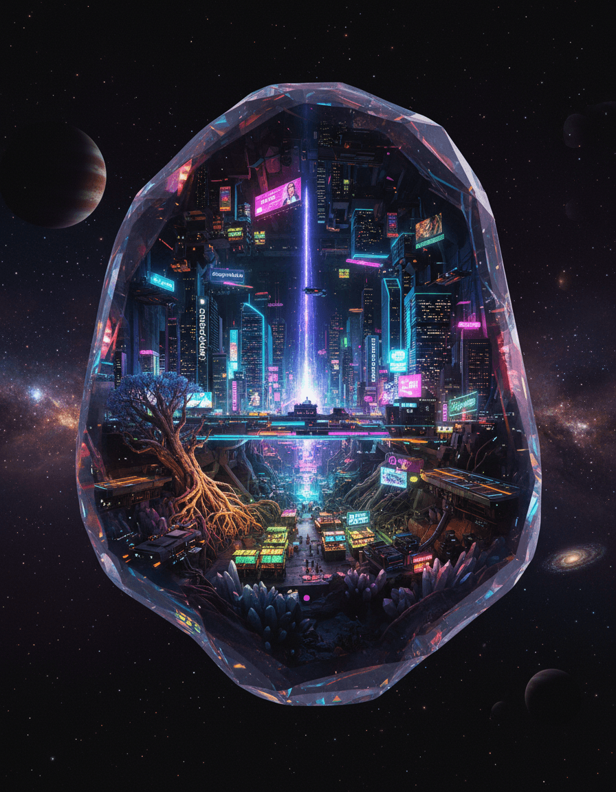 Create a hyper-realistic digital photograph depicting a bustling cyberpunk city skyline intricately carved into the facets of a colossal, crystalline geode floating in deep space for the cinematic double-exposure portrait poster seamless blend. The geode, a translucent marvel, cradles an entire metropolis within its shimmering, multifaceted chambers. Neon-lit skyscrapers pierce through its internal crystal structures, connected by glowing sky-bridges where futuristic vehicles zip past, their trails of light crisscrossing the void. Energy flows visibly through the geode's crystalline veins, illuminating the miniature world with an ethereal glow.Details to include: Miniature, bioluminescent market stalls along a crystal canyon floor, tiny holographic advertisements shimmering on the geode's inner walls, a colossal, ancient tree root system acting as the organic foundation for the city's oldest districts, small, intricate spacecraft docking ports built into the geode's larger crystal formations, and a central energy spire pulsating with ethereal light, powering the entire civilization.The geode itself drifts in the vast, inky blackness of deep space, subtly reflecting distant nebulae and swirling star clusters on its highly polished outer surface. Wisps of cosmic dust and faint starlight create a sense of immense scale and isolation, with gas giants looming far in the background like silent, colossal sentinels, and a distant, spiral galaxy shimmering barely in the periphery, emphasizing the geode's solitary journey.Dramatic, high-contrast chiaroscuro lighting emphasizes the vibrant, glowing city against the profound dark void. The internal light of the city is dynamic, energetic, and artificial, casting long, sharp shadows within the geode's complex geometry, while the external cosmic light is soft, diffuse, and ancient, evoking awe, mystery, and a sense of timeless wonder.The color palette features rich purples, electric blues, neon greens, and hot pinks dominating the city's internal glow, beautifully contrasted with deep space blacks, subtle cosmic reds, shimmering silver accents on the crystal facets, and faint golden hues from distant starlight.Awe-inspiring, futuristic, and mystifying, evoking a sense of wonder at an impossible, hidden civilization thriving within a cosmic jewel.Cinematic, detailed hyper-realism, volumetric lighting, Octane render, photorealistic, epic scale, concept art, dystopian utopian blend, intricate, breathtaking, high resolution. 'aisuperhub.io'