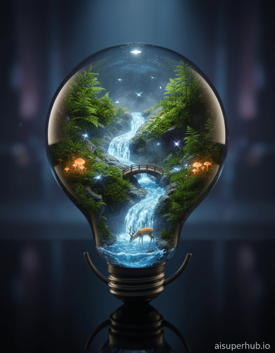 Create a hyper-realistic panoramic photograph depicting a miniature, thriving ecosystem built entirely inside a clear glass lightbulb for the Product shots. The lightbulb's filament is replaced by a winding river, complete with tiny waterfalls cascading over microscopic rocks. Lush, vibrant moss and fern forests cling to the inner glass walls, and minute, bioluminescent insects flit through the air, their soft glow illuminating the fantastical scene. Details to include: A tiny wooden bridge arching gracefully over the river, a microscopic deer delicately drinking from the river's crystalline edge, miniature glowing mushrooms nestled amongst the verdant moss, and a faint, swirling mist rising gently from the waterfalls. The lightbulb itself is held delicately by a stylized, minimalist brushed metal stand, positioned on a sleek, highly reflective black surface. The background is a softly blurred, sophisticated studio setting, with subtle gradients of deep blues and ethereal purples, ensuring the focus remains entirely on the intricate world within the bulb. Dynamic, dramatic studio lighting emanates from within the lightbulb, casting ethereal glows and deep, contrasting shadows, making the miniature world feel vast and mysteriously inviting. The light has a magical, dreamlike quality, emphasizing the wonder and delicate balance of this contained ecosystem. Color palette: Rich emerald greens, deep earthy browns, soft glowing blues, warm amber highlights, and subtle bioluminescent purples. Mood/atmosphere: An awe-inspiring sense of wonder and delicate magic pervades the scene. Style summary: Masterpiece, hyperrealism, fantasy art, cinematic, macro photography, intricate detail, bokeh, dreamlike, with a subtle, elegant overlay text at the bottom right corner displaying 'aisuperhub.io'.