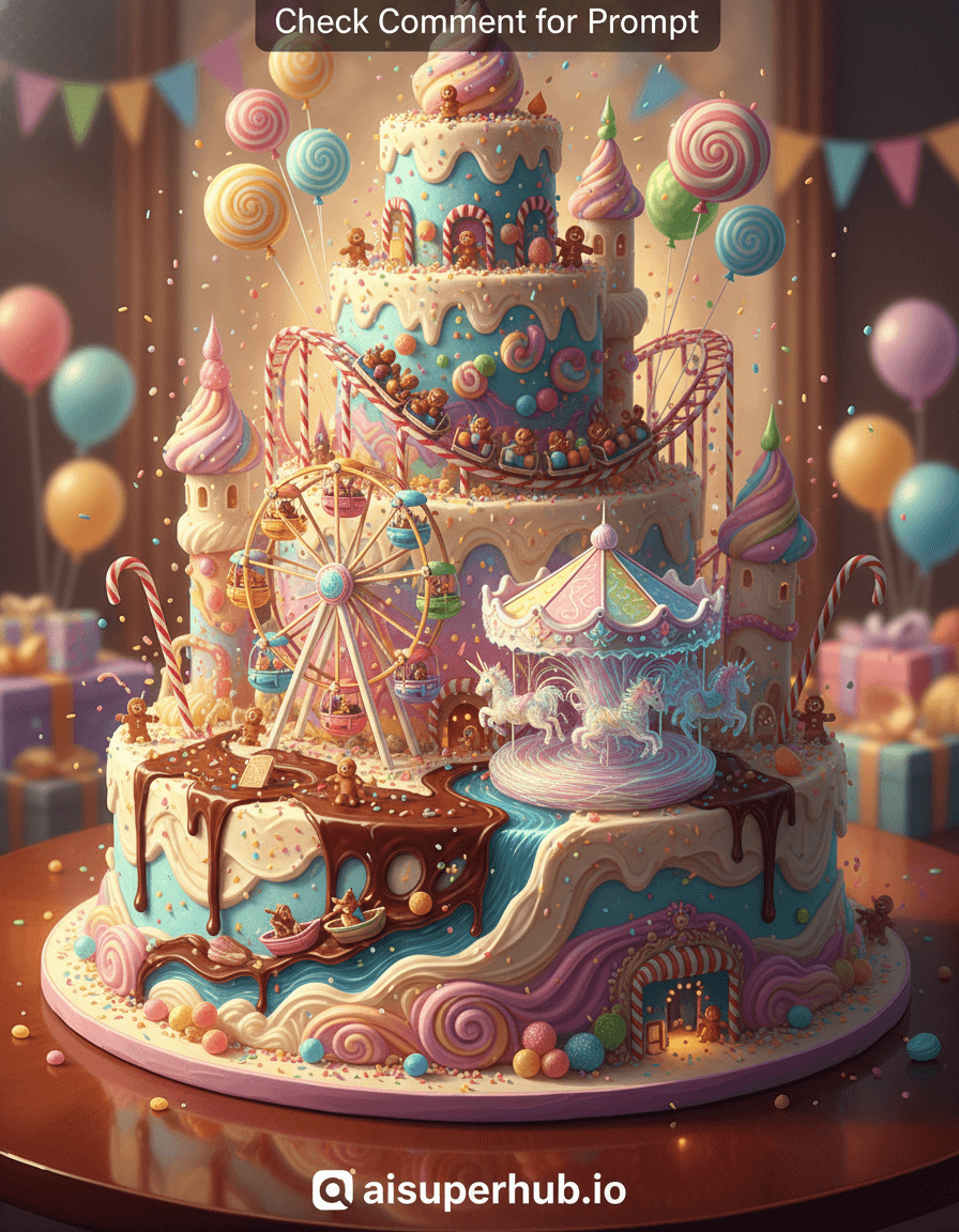 Create a hyper-realistic digital illustration depicting a giant, fantastical birthday cake transformed into a vibrant amusement park for Birthday parties. The colossal cake, intricately frosted, is a bustling, tiny theme park. Candy cane rollercoasters loop around marzipan spires; a macaron Ferris wheel spins with edible fairy lights. Joyful gingerbread and gumdrop figures enjoy the attractions. Details to include: Spun sugar animal carousel. Chocolate river with tiny boat rides. Frosting swirl balloons. Gentle sprinkle confetti. Top overlay text 'Check Comment for Prompt'. Bottom credit text 'aisuperhub.io'. The cake-park rests on a polished mahogany table, subtly reflecting its vibrant lights. Blurred party decorations—streamers, balloons, presents—suggest a festive room, emphasizing the cake world's miniature scale. Warm, whimsical golden hour lighting bathes the scene, casting playful shadows. Tiny ride lights create a magical glow, evoking childhood wonder, joy, and delightful nostalgia. Vibrant pastel palette: soft blues, pinks, purples, yellows, contrasted with bright primary candy colors, harmonized with creamy frosting whites and deep chocolate browns. Utterly enchanting, joyful, and filled with boundless imaginative possibility. Hyper-realistic, fantasy art, digital painting, dreamlike, intricate detail, whimsical, soft focus background, trompe l'oeil.