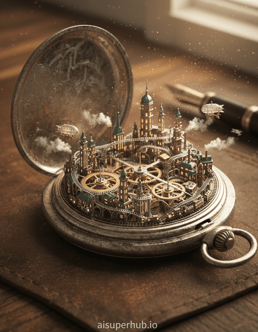 Create a hyper-realistic macro photograph depicting a sprawling miniature metropolis nestled within a vintage pocket watch for the hyper-realistic isometric 3D render of a miniature. The intricate gears and springs of the watch form the foundational architecture for the city's towering skyscrapers and winding streets. Tiny, almost imperceptible airships hover between the clockwork structures, while miniature trains move along the delicate watch hands, which double as elevated railways. Details to include: Intricate brass cogwheels repurposed as grand plazas, polished silver springs forming elegant bridges, glowing microscopic windows on buildings, tiny steam plumes rising from miniature factories, and a faint shimmering dust motes catching the light. The pocket watch itself rests on a distressed leather surface, partially open to reveal its secret world. The surrounding area is softly blurred, emphasizing the incredible detail within the watch, with a hint of warm, aged wood and a single antique fountain pen lying nearby, providing a sense of scale to the miniature city. Soft, ethereal golden hour light filters into the scene from an unseen window, casting long, dramatic shadows across the watch-city and illuminating individual metallic components with a warm, inviting glow. The lighting evokes a sense of wonder, discovery, and quiet enchantment. Color palette: Rich sepia tones, polished brass and silver, deep emerald greens from aged patina, and warm amber glows contrasting with cool steel blues. Mood/atmosphere: A breathtaking sense of intricate wonder and hidden beauty pervades the entire composition. Style: Macro photography, steampunk aesthetic, hyper-detailed, photorealistic, intricate miniature diorama, trompe l'oeil, deep depth of field, high contrast, cinematic, volumetric lighting, with overlay text 'aisuperhub.io' at the bottom.