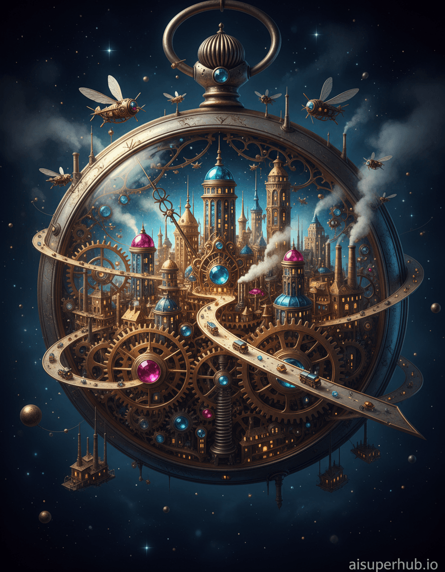 Create a hyper-realistic digital painting depicting a bustling metropolis built within a giant, ancient pocket watch for the 3D chibi-style miniature design of a whimsical cityscape. The intricate gears and springs of the watch form the foundational architecture, with tiny, glowing skyscrapers emerging from polished brass cogs. Miniature airships, shaped like delicate clockwork insects, navigate between the towering sprockets, their propellers glinting in the ambient light. Details to include: Intricate gold filigree highways winding around gear teeth, tiny illuminated windows on buildings carved from ruby and sapphire, microscopic steam puffs rising from miniature factories, and a visible, oversized minute hand serving as a grand boulevard. The watch itself is suspended in an ethereal, cosmic void, with faint nebulae swirling in the distance, casting subtle reflections on its polished silver casing. Dust motes, each larger than the tiny cities, drift slowly, catching the light like distant stars. The pocket watch's surface is scratched and aged, hinting at countless journeys through time and space. Dramatic, high-contrast chiaroscuro lighting, with warm, golden glows emanating from the city's lights and cool, deep blues from the surrounding void, evoking a sense of ancient mystery and bustling life. Rich steampunk golds, bronzes, and coppers, juxtaposed with vibrant jewel tones of ruby, sapphire, and emerald for the buildings, all against a backdrop of deep cosmic blues and purples. A magical, awe-inspiring, and intricate sense of discovery and wonder. Ultra-detailed, photorealistic, fantasy-steampunk fusion, macro photography aesthetic, with whimsical elements and a touch of baroque grandeur, art nouveau influences. Add a subtle overlay text at the bottom: 'aisuperhub.io'.