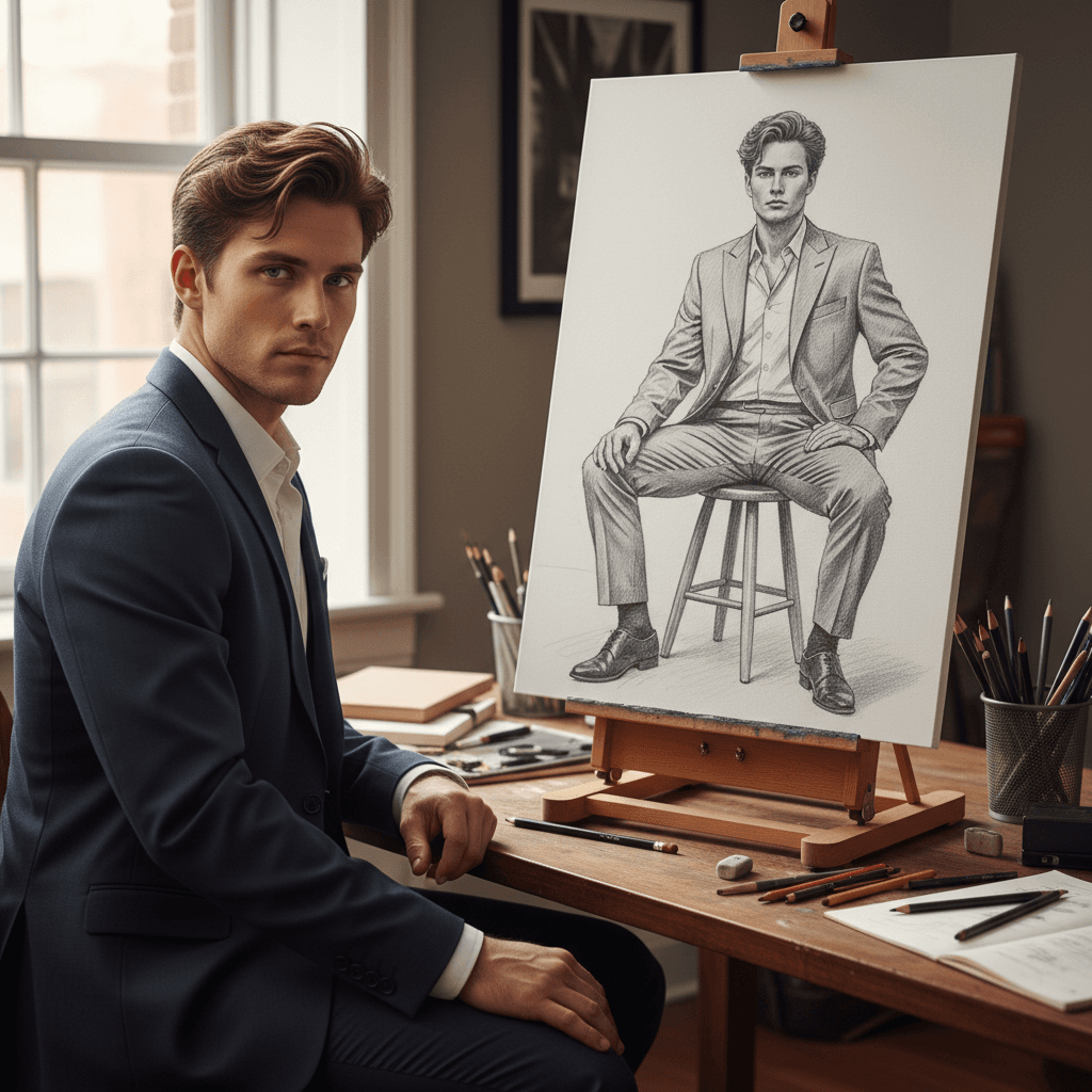 Scene showing a real person from the uploaded photo sitting at an artist desk, drawing on a canvas. The real person has a confident, focused posture, sitting upright with calm intention. On the canvas, show a black and white graphite pencil drawing of the same person in a full-figure power posture on a simple stool. The canvas artwork looks hand drawn with textured pencil strokes, soft shading, detailed suit folds, and natural hair texture. Create a clear contrast so the real person looks lifelike and the figure on the canvas looks like a graphite pencil illustration.