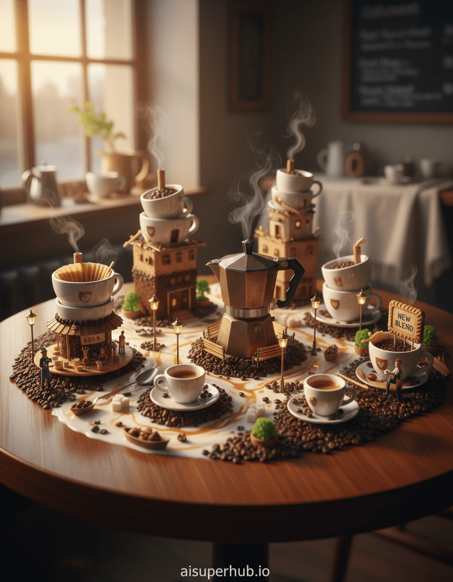 Create a hyper-realistic cinematic wide-angle photograph depicting a bustling miniature city built entirely from coffee paraphernalia for the Cafe hopping theme. Tiny figures, crafted from roasted coffee beans and sugar granules, navigate intricate streets made of spilled latte art, while buildings rise majestically from stacked espresso cups and saucers, interconnected by bridges fashioned from coffee stirrers. A sense of frantic yet charming activity pervades the scene, with steam gently rising from miniature chimneys like early morning mist over the city. Details to include: Miniature baristas (made from coffee beans with tiny paper hats and aprons) diligently serving espresso shots to even smaller patrons in a tiny 'cafe'. A grand central plaza where a giant, steaming moka pot stands as an iconic monument, surrounded by sugar-cube benches. Street lamps crafted from inverted sugar cubes and tiny LED lights casting a warm glow. Rivers of flowing milk and caramel winding between espresso cup islands, with miniature boats made from cookie crumbs. A tiny biscuit billboard advertising a 'new blend' with microscopic, legible text. The entire coffee-city rests on a polished, rich mahogany cafe table, with a subtly blurred background suggesting the cozy ambiance of a real cafe – soft light filtering through a large window, a partial view of an old chalkboard menu, and the gentle texture of a linen tablecloth. The scale contrast is striking, making the viewer question the reality of the scene. Soft, warm, golden hour lighting, with dappled sunlight filtering through miniature windows, creating long, dramatic shadows and exquisite highlights that emphasize the intricate textures of the coffee-based architecture. The intent is to evoke a sense of nostalgic coziness, enchanting wonder, and meticulous craftsmanship. Rich browns, creamy whites, warm amber, deep charcoal, with hints of caramel and vibrant green from miniature, sugar-cube-potted plants dominate the palette. A whimsical, enchanting, and incredibly detailed miniature world that invites endless exploration and a feeling of comforting warmth. Macro photography, trompe l'oeil, hyper-realism, mixed media, fantastical realism, volumetric lighting, extreme depth of field, high resolution, intricate details, cinematic. Overlay text at the bottom: 'aisuperhub.io'