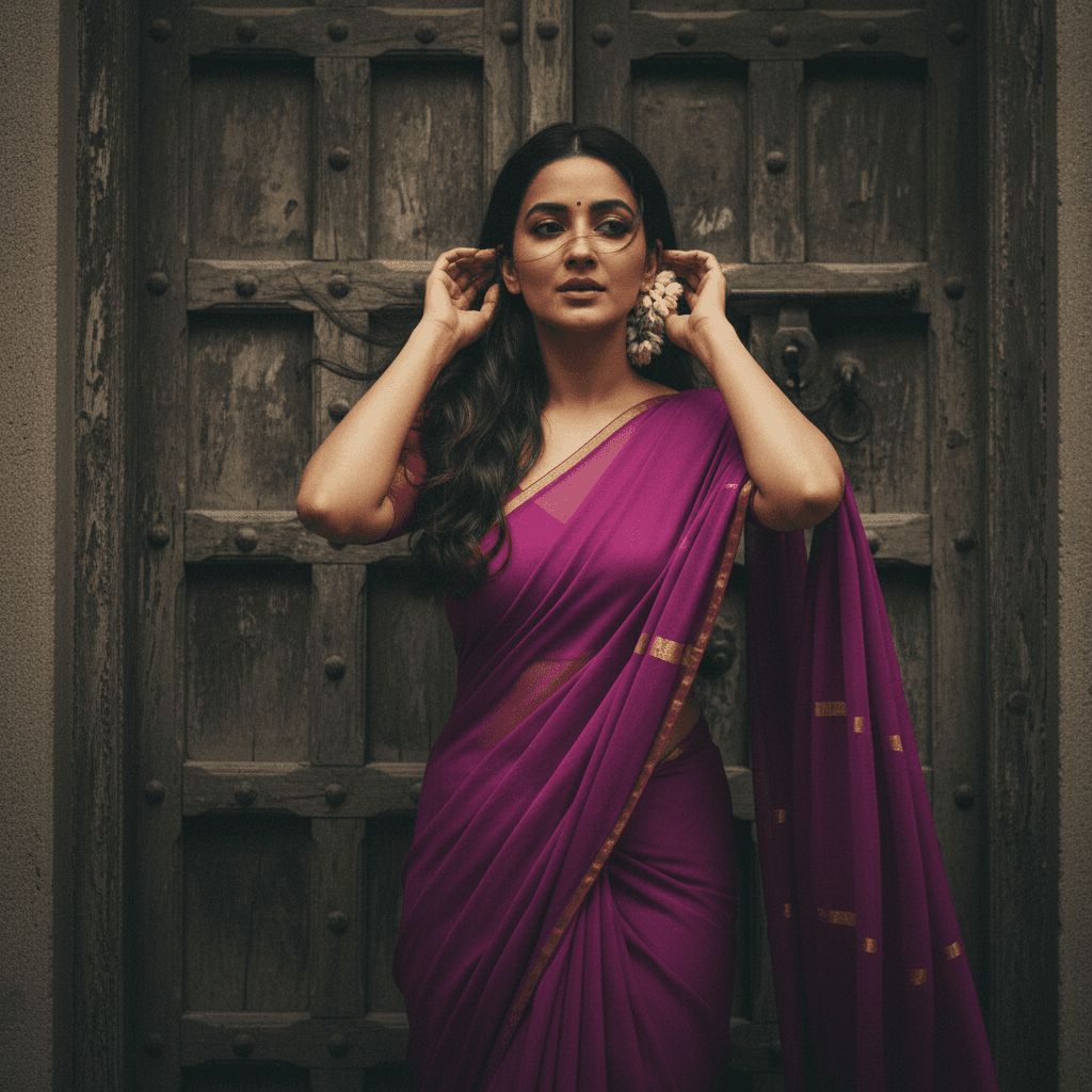 Based on the uploaded image, produce a grainy yet vibrant image with a vintage feel. The girl should be wearing a gorgeous purple chiffon saree that looks like it belongs on Pinterest. With dark brown, silky hair and a little flower prominently tucked into it, the feeling must evoke the spirit of a '90s movie 'baddie, heightened by a romantic, windy setting. She stands before an ancient wooden door, and the scene is made more mysterious and artistic by the dramatic contrasts and deep shadows, which produce a dark yet enchanting cinematic impression. She should be rearranging her hair based on her posture.