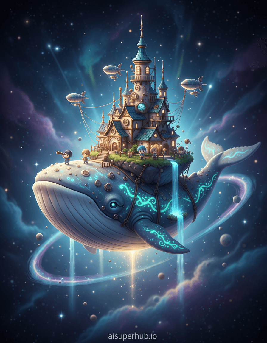 Create a hyper-realistic diorama depicting an ancient cosmic whale carrying a floating island city for the 3D chibi-style miniature design of a whimsical celestial leviathan. A colossal yet adorable cosmic whale, adorned with bioluminescent barnacles, gently transports a vibrant, multi-tiered floating island city on its back. The miniature city buzzes with tiny steampunk-inspired buildings and intricate pathways, thriving in harmony with the giant. Details to include: Miniature, glowing airships tethered to city spires. Tiny waterfalls cascading into cosmic ether. Bioluminescent algae trails on whale's skin. Small, curious chibi-style humanoid figures peering over ledges. At the bottom, a subtle, elegant text overlay: 'aisuperhub.io'. Suspended in a swirling nebula of iridescent blues, purples, and deep cosmic blacks, studded with twinkling stars. Ethereal rings of gas and dust encircle, imparting immense grandeur. A glowing energy field below hints at cosmic currents. Ethereal, soft glow from the nebula, backlighting whale and city with a majestic, dreamlike aura. Warm golden light highlights buildings and ancient scales, evoking wonder. Vibrant cosmic blues, nebulous purples, emerald greens, and soft pearlescent whites, accented with golds and coppers from the city. Awe-inspiring tranquility and whimsical exploration. Highly detailed miniature photography, fantasy art, whimsical steampunk, cinematic lighting, 8K, octane render, soft focus, dreamlike.