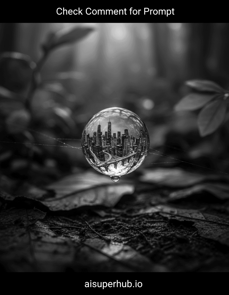 Create a hyper-realistic macro photograph depicting a miniature cityscape encapsulated within a single dewdrop for the Black and white photography. The dewdrop, perfectly spherical, rests delicately on the intricate threads of a spiderweb, acting as a crystal ball revealing a sprawling metropolis within its confines. Tiny, towering skyscrapers, miniature bridges, and a network of micro-roads are visible, distorted slightly by the water's surface tension, yet astonishingly clear. Details to include: A single, barely visible spider silk thread supporting the dewdrop. Individual, minuscule windows visible on the city buildings within. Subtle refraction and reflection of ambient light on the dewdrop's exterior. A tiny, sharp shadow cast by the dewdrop onto the web beneath. Overlay text 'Check Comment for Prompt' at the top of the image and 'aisuperhub.io' at the bottom. The spiderweb stretches across a dimly lit, damp forest floor, with blurred, out-of-focus foliage and fallen leaves creating a soft, textural backdrop. The surrounding environment should feel ancient and untouched, providing a stark contrast to the modern city within the drop. Dramatic, soft backlighting filters through the distant leaves, creating a halo effect around the dewdrop and emphasizing its spherical form. The light should cast long, subtle shadows within the miniature city, adding depth and a sense of melancholy. The overall intent is mysterious and awe-inspiring. A monochromatic palette with deep, rich blacks, nuanced grays, and brilliant, stark whites to highlight textures and forms. High contrast. A feeling of delicate wonder and profound solitude, hinting at hidden worlds within the mundane. Photorealistic, cinematic, high-detail macro photography, surreal, architectural, intricate, chiaroscuro.