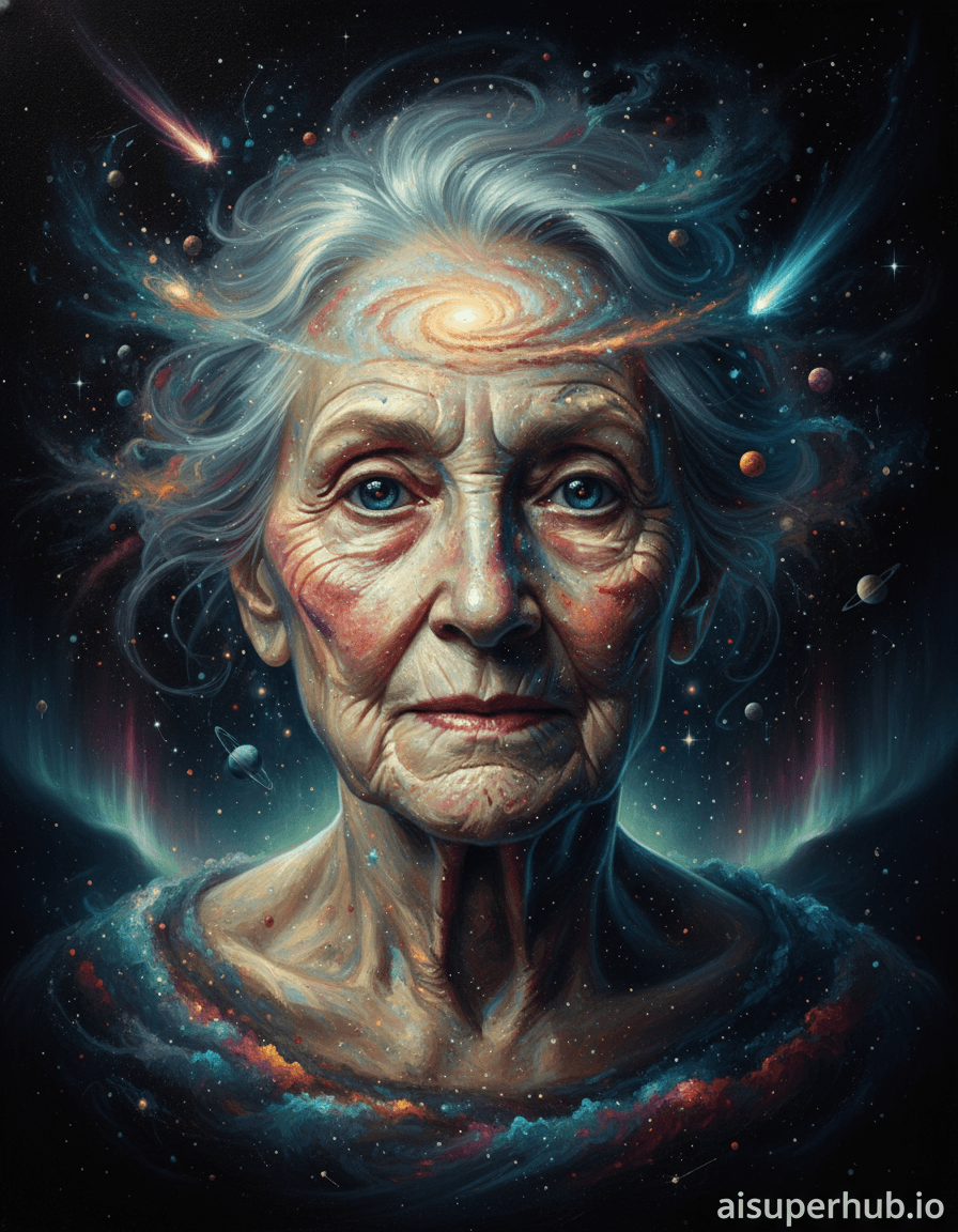 Create a hyper-realistic oil painting depicting a serene elderly woman whose face is intricately composed of a swirling galaxy of stars and nebulae for the Traditional portraits. Her eyes, filled with miniature orbiting planets, gaze forward with profound ancient wisdom, while her features, distinct yet formed entirely by cosmic dust and light, transcend the ordinary. Wisps of flowing comets and asteroid fields form her hair, contributing to her ethereal presence.
Details to include: Miniature planets orbiting within her eyes, fine stardust meticulously outlining her wrinkles and contours, a faint, ethereal glow emanating from within her celestial form, subtle supernova remnants forming highlights on her cheekbones, and wisps of cosmic gas forming soft tendrils of hair.
The environment is a deep, velvety black void, subtly hinting at distant, unfocused constellations and providing an infinite backdrop. The background remains minimal to allow the cosmic portrait to utterly dominate, yet distant, shimmering aurora-like light trails offer depth without distracting from the central figure.
Soft, diffused celestial light, as if from a hidden cosmic sun, gently illuminates her cosmic features, casting subtle shadows that define her form. This light evokes a deep sense of ancient wisdom, profound tranquility, and unutterable wonder.
The color palette features deep indigos, purples, and midnight blues for the background, contrasted with vibrant golds, shimmering silvers, and ethereal teals for the nebulae and stardust shaping her face, with subtle hints of crimson and orange in the warmer cosmic formations.
A profound sense of ancient wisdom, cosmic peace, and awe-inspiring beauty permeates the scene.
Style: Hyper-realistic celestial portrait, cosmic surrealism, photorealistic oil painting texture, highly detailed, impossible art, ethereal glow. overlay text 'aisuperhub.io'
