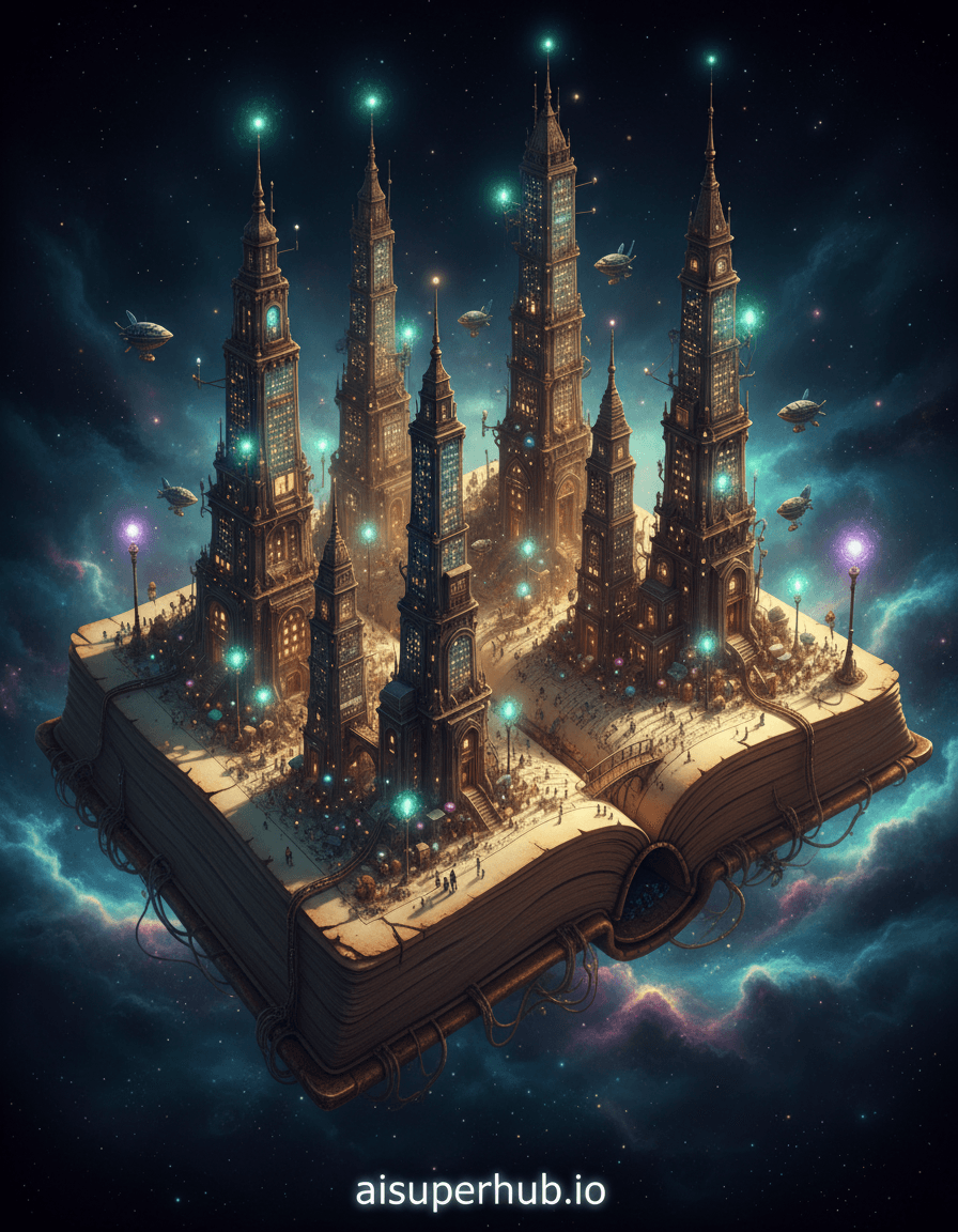 Create a hyper-realistic panoramic vista depicting an ancient, colossal tome transforming into a bustling micro-city for the 3D holograms. The spine of the immense, weathered book splits open, revealing towering skyscrapers and intricate alleyways built directly into its pages. Tiny airships navigate between the 'chapters' that now form distinct districts, each bustling with infinitesimal life and activity, seamlessly integrated with the book's archaic script and illustrations. Details to include: Miniature glowing windows illuminating the book's parchment-like pages; Tiny bridges spanning between the individual letters of ancient text; Fungus-like lampposts emitting soft bioluminescence from the book's creases; Root systems resembling intricate subway lines running along the book's gilded edges; Microscopic figures engaged in daily routines on the paper 'streets'. The colossal book rests on an ethereal, swirling nebula of cosmic dust and starlight, suggesting its immense age and otherworldly origin. Wisps of translucent energy emanate from its binding, subtly illuminating the dark, infinite void around it. Distant, faint constellations twinkle, emphasizing the sheer scale of this literary metropolis against the backdrop of the universe. Soft, internal bioluminescent glows mix with a dramatic, golden-hour sidereal light filtering from an unseen cosmic source, casting long, intricate shadows across the miniature cityscape. The lighting evokes a sense of ancient wonder, profound mystery, and quiet, contemplative discovery. Color palette: Rich sepia tones, deep cosmic blues, warm golden yellows, and touches of emerald green and amethyst purple for the bioluminescent elements. Mood/atmosphere: Awe-inspiring and magical, inviting deep introspection into the power of stories and forgotten worlds. Style summary: Hyper-detailed fantasy realism, epic scale, cosmic, intricate, magical realism, digital painting, photorealistic textures, surreal, cinematic, high contrast. Overlay text at the bottom: 'aisuperhub.io'
