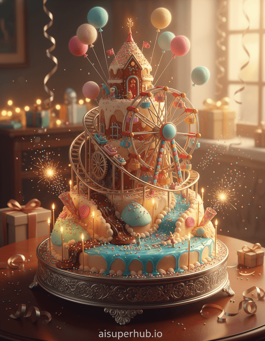 Create a hyper-realistic digital painting depicting a fantastical, edible amusement park birthday cake for the Birthday parties. A towering, multi-tiered birthday cake transforms into a bustling, miniature amusement park, with tiny sugar characters celebrating amidst edible rides and attractions. Balloons made of spun sugar float above, and confetti sprinkles the landscape, all meticulously crafted from confectionery. Details to include: Miniature marzipan roller coasters with tiny candy seats, a gumball Ferris wheel slowly turning, a chocolate fudge river flowing into a sprinkle-covered lake, tiny lit sparkler candles acting as street lamps, and edible confetti cannons bursting with colorful sugar pearls. The cake sits majestically on an ornate, silver cake stand, positioned on a polished mahogany table. In the softly blurred background, hints of a festive birthday party are visible: shimmering streamers, scattered gift boxes with satin ribbons, and a faint glow from warm string lights, suggesting a joyous indoor celebration. Magical, warm golden hour lighting filters from an unseen window, casting long, soft shadows and highlighting the intricate textures of the edible landscape. The light has a whimsical, dreamlike quality, evoking a sense of childlike wonder and joyful anticipation. A vibrant and playful palette dominated by pastels—bubblegum pinks, sky blues, lemon yellows, mint greens—accentuated by rich chocolate browns, glistening reds, and iridescent metallic details. Whimsical, joyful, and utterly enchanting, designed to ignite pure imagination and delight. Macro photography, hyper-detailed, fantasy art, photorealistic rendering, trompe l'oeil, magical realism, confectionery art. Overlay text at bottom: 'aisuperhub.io'