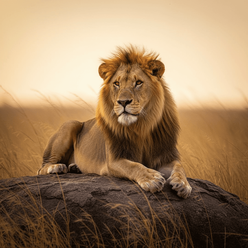 A hyperrealistic, golden-hour photograph captures a majestic male lion perched atop a rocky outcropping in the African savanna. The setting sun bathes the scene in a warm, ethereal light, highlighting the lion's powerful muscles and regal mane. Wind gently rustles through the tall grasses surrounding the rock, adding a sense of motion to the otherwise still scene. The image is incredibly detailed, showcasing every whisker and strand of hair. The color palette is dominated by warm yellows, oranges, and browns, creating a visually stunning and iconic portrait.