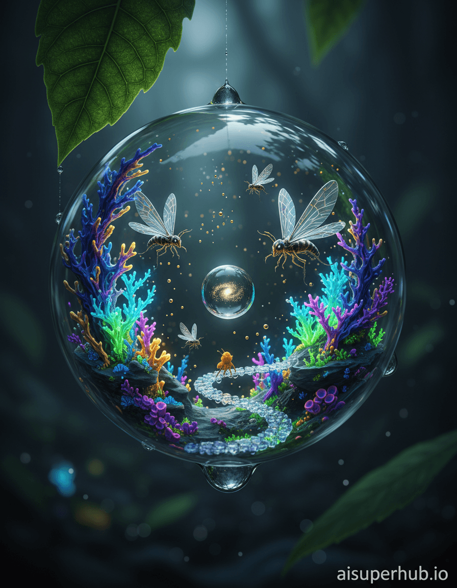 Create a hyper-realistic photograph depicting a miniature, alien ecosystem thriving within a single suspended dewdrop. An extreme close-up, hyperrealistic macro photograph. Within the dewdrop, microscopic organisms resemble colossal, iridescent alien flora and fauna, forming a complex, luminous landscape. A tiny explorer, a speck of pollen, navigates crystalline pathways, dwarfed by vibrant bioluminescent structures. The dewdrop hangs from spider silk, reflecting a warped, distant sky. Details to include: Skeletal, coral-like structures glowing internally; tiny, multi-faceted insect-like creatures with transparent wings; a single air bubble trapping a microscopic galaxy; subtle reflections of a giant leaf on the dewdrop's surface. The dewdrop is suspended in mid-air against a dark, velvety, out-of-focus background, hinting at a deep forest floor. Faint, ethereal glows from distant bioluminescence add depth and mystery. Soft, diffused backlighting from within the dewdrop causes internal structures to glow with otherworldly luminescence, casting dramatic shadows and emphasizing alien forms. An ethereal glow imparts wonder and mystery. Color palette: Vibrant aquamarine, electric blues, deep purples, and luminous greens, with iridescent gold and silver accents. Mood/atmosphere: Awe-inspiring, mysterious, and serene, evoking discovery and the vastness found within the minute. Style summary: Photorealistic, extreme macro photography, fantastical, intricate detail, chiaroscuro, dreamlike, scientific illustration, high resolution, 8k. overlay text 'aisuperhub.io'