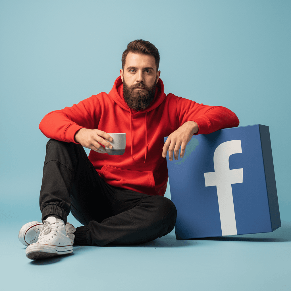 A hyper-realistic full-body portrait of uploaded image. Their pose is “sitting”. Beside them stands a vertical oversized “Facebook icon”, placed firmly on the ground, slightly tilted for a stylish aesthetic. The object is approximately at arm-height, allowing them to casually lean one arm on it for support. In their other hand, they hold a “cup”.
Use a full-frame DSLR camera simulation (e.g. 85mm lens at f/1. to ensure a sharp, crisp image with shallow depth of field.
Focus priority: Face must be in perfect sharp focus, capturing real skin texture, pores, subtle light reflections, and lifelike eye clarity.
Background: Minimal pastel blue studio with soft cinematic lighting that wraps naturally around the face and shoulders, casting delicate shadows and depth.
Ultra-detailed textures on clothing, skin, hair, and object surfaces. The subject wears a contrasting red streetwear hoodie, black trousers, and white Converse shoes.
Rendering style: Clean, minimal, modern, and visually striking — must look like a professional fashion photo, not CGI
