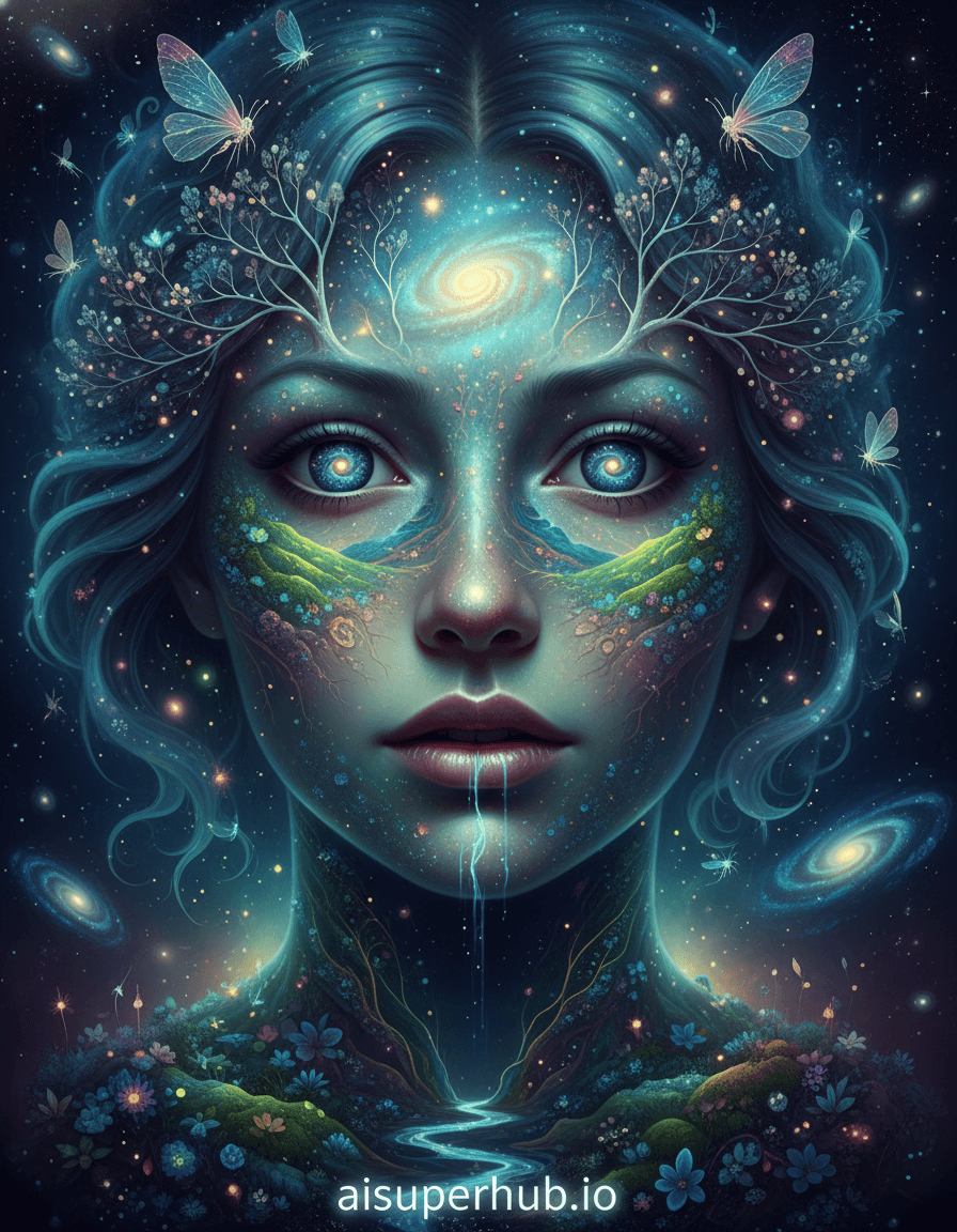 Create a hyper-realistic photobash digital painting depicting a woman's face as a living, breathing cosmic garden for the Creative portraits women. Her tranquil eyes, pools reflecting distant nebulae, frame cheekbones rising as verdant hills blanketed in bioluminescent flora. Soft, parted lips form a vibrant ravine where tiny, glowing starlight streams trickle. Details to include: Delicate crystal trees sprout from her forehead; swirling galaxies captured within her irises; gossamer-winged celestial insects flit around her aurora-like hair; her skin texture revealing shimmering, otherworldly earth; an ethereal glow emanating from within, highlighting landscape contours. A deep, velvety expanse of space, dotted with soft-focus galaxies and stardust, forms the backdrop. This vast cosmos frames her face, subtle celestial formations enhancing wonder and cosmic intimacy. Soft, diffused starlight and internal luminescence illuminate her features, creating an otherworldly glow. This accentuates delicate details, imbuing serene mystery and profound tranquility. Deep blues, purples, and teals dominate, accented by shimmering golds, silvers, and vibrant bioluminescent greens, forging a magical, ethereal aesthetic. Mystical, awe-inspiring, and profoundly serene. Blending surrealism, fantasy art, and hyper-realistic digital painting, showcasing intricate detail work reminiscent of Zdzislaw Beksinski meets art nouveau, with deep depth of field. Overlay text at bottom: 'aisuperhub.io'