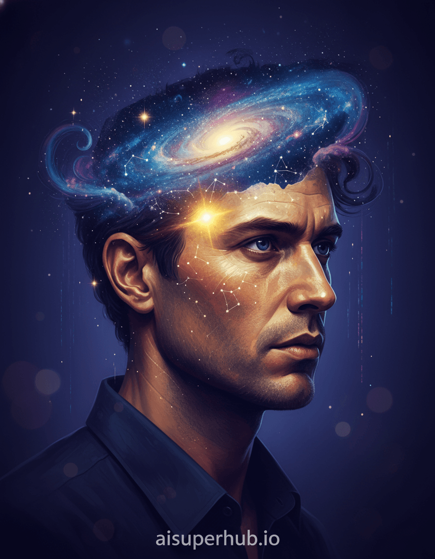 Create a hyper-realistic digital painting depicting a man whose mind is a boundless cosmos for the Creative portraits men. A contemplative man is shown in a three-quarter profile, his head subtly and seamlessly transitioning into a swirling galaxy of stars, nebulas, and celestial phenomena, yet his facial features remain distinctly human, grounded, and intensely expressive. His gaze is distant and profound, suggesting a deep internal journey or an exploration of his own boundless psyche. Details to include: Intricate star constellations forming the subtle contours of his skull and brow. Wisps of luminous nebular gas subtly curling around his temples, mimicking the texture of human hair. A single, brilliant supernova subtly flaring behind his eye, symbolizing insight, creation, or an awakening thought. The delicate, textured rendering of human skin transitioning flawlessly into cosmic dust and shimmering starlight. The background is a minimalist, ethereal void, subtly shifting from deep indigo to electric violet, with faint, barely perceptible lines of energy or data streams flowing through it, hinting at universal connectivity and the vastness of thought without ever distracting from the central figure. Dramatic, back-lit chiaroscuro lighting defines the scene, with a soft, warm, and bioluminescent glow emanating from within the cosmic elements of his head, casting subtle, intriguing shadows on his human features. This lighting evokes a sense of wonder, profound mystery, and deep introspection. The color palette features deep blues, violets, and purples for the cosmic elements, contrasted with warm ochres and sienna tones for the human skin, with accents of brilliant white and golden yellows for stars and light sources. The mood is one of contemplative grandeur and infinite potential. Surrealist hyperrealism, cosmic portraiture, digital art, dreamlike, visionary, intricate detail, bokeh effects, cinematic, 8K, with 'aisuperhub.io' as an overlay text at the bottom.