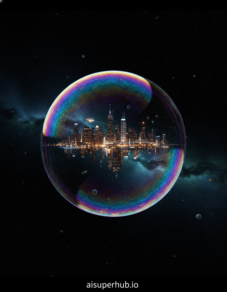 Create a hyper-realistic panoramic photograph depicting a breathtaking metropolis thriving within the iridescent skin of a colossal, perfectly spherical soap bubble for the Product Ad Prompt. The city's miniature skyscrapers and intricate infrastructure are visible through the transparent, rainbow-hued film. Tiny lights twinkle from within the buildings, suggesting bustling life inside this ephemeral sanctuary, suspended against an impossibly vast void. Details to include: Intricate architectural details like spires and bridges visible through the bubble's surface, subtle ripples and reflections on the bubble's skin, a tiny, glowing airship or drone traversing the bubble's interior, microscopic details of the bubble's surface showing molecular interaction, a faint, almost imperceptible shadow cast by the bubble onto an unseen distant surface. The soap bubble itself floats majestically in the absolute blackness of deep space, dotted with distant, hazy nebulae and pinprick stars that appear distorted through the bubble's refractive properties. There are no other objects or planets nearby, emphasizing the bubble's isolation and delicate existence. The background evokes infinite emptiness, contrasting sharply with the vibrant life contained within. The primary light source emanates from within the city itself, casting a soft, warm glow that filters through the bubble, creating dazzling refractions and spectral highlights across its surface. Supplemental ambient light from distant nebulae provides a cool, ethereal sheen, contributing to a sense of wonder and sublime fragility. An iridescent palette dominates the bubble's surface, shifting from deep blues and purples to vibrant yellows, greens, and reds, contrasting with the warm golden and amber lights of the city within and the cool, dark purples and blacks of the cosmic background. The mood is one of awe-inspiring wonder, delicate preservation, and profound, impossible beauty. Hyper-detailed, volumetric lighting, epic scale, photorealistic, surreal, visionary art, cinematic, high-resolution digital painting. Add overlay text 'aisuperhub.io' at the bottom of the image.