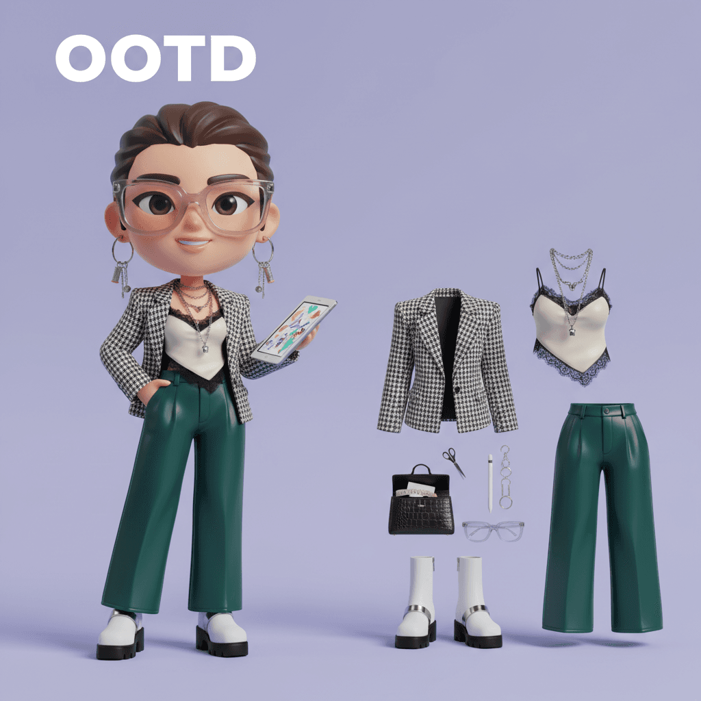 Generate a Q-style 3D C4D-rendered character based on the person in the photo, dressed in a fashion-forward “outfit of the day” (OOTD) inspired by a specific profession.
Profession: Fashion Designer
– Keep the original facial features and character pose
– Stylize the character with a cute, long-legged chibi proportion
– Outfit and accessories should reflect the profession, including trendy designer wear, glasses, sketchbook or tablet, and stylish shoes
– Match the outfit with fashion accessories to complete the look
– Use a solid background color that complements the character’s overall color palette (no gradients or textures)
Composition: Aspect ratio: 9:16
Top text: “OOTD”
Left side: the full-body chibi character wearing the complete outfit
Right side: individual clothing items and accessories laid out separately, as if in a style breakdown
